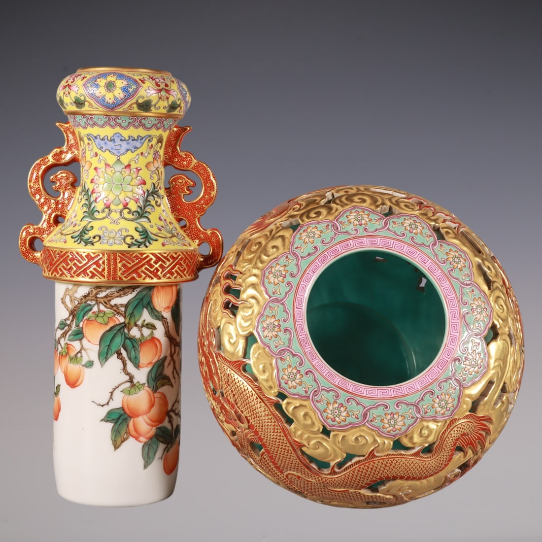 An Exquisite Enamel Lotus Pattern Dragon Pattern Bats and Peach Pattern Double-Ears Vase - 7