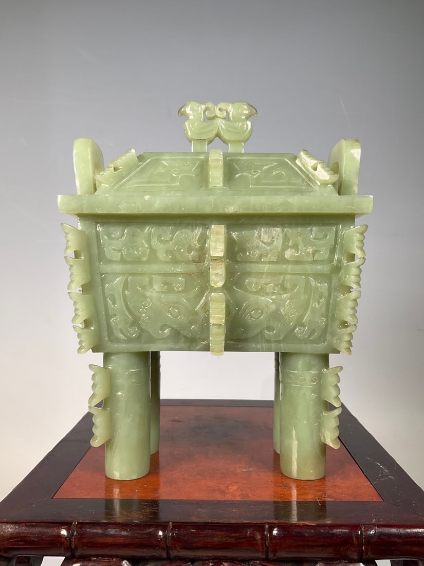 An Exquisite White Jade Beast-Face Pattern Double-Ears Censer - 2