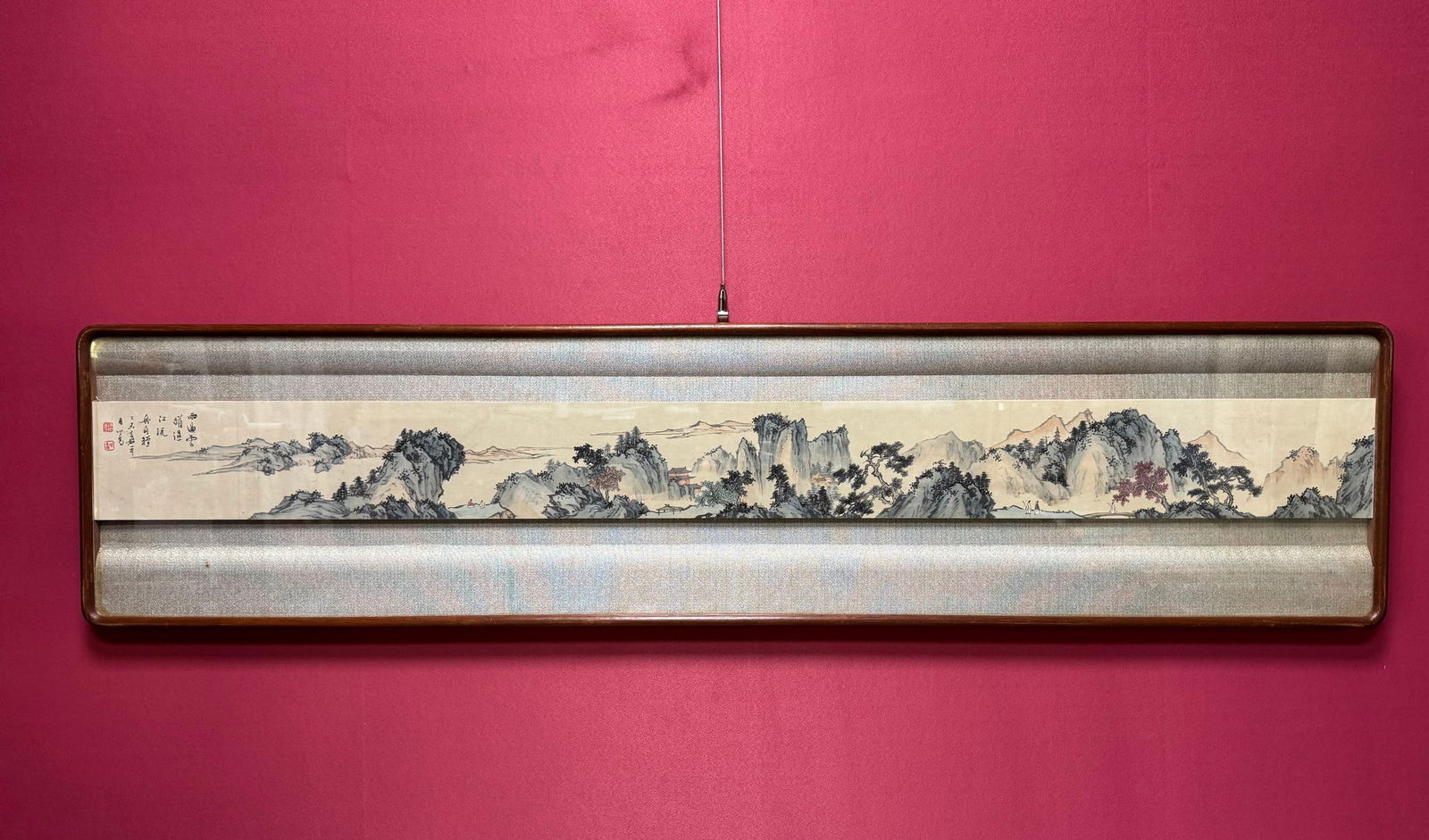 A Chinese Ink Painting of Landscape on Silk With Frame: A Chinese Ink Painting of Landscape on Silk With Frame Pu ru Without frame Size:14.5cmx157 Size:37cmx160cm (The Dimensions Of All Batches Are Manually Measured.If You Need More Detailed