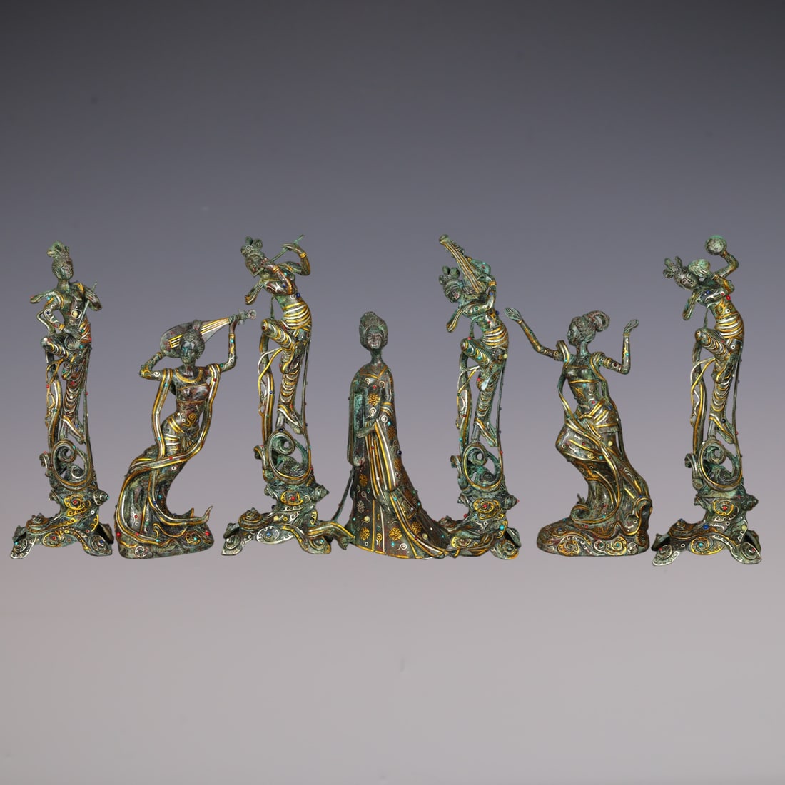 A Set of Fine Bronze Inlaid Gold Inlaid Gems Figure Ornament: A Set of Fine Bronze Inlaid Gold Inlaid Gems Figure Ornament Han Dynasty, China Size:18cmx8cmx54cm Size:38cmx23cmx41cm Weight:27195g (The Dimensions Of All Batches Are Manually Measured.If You Need