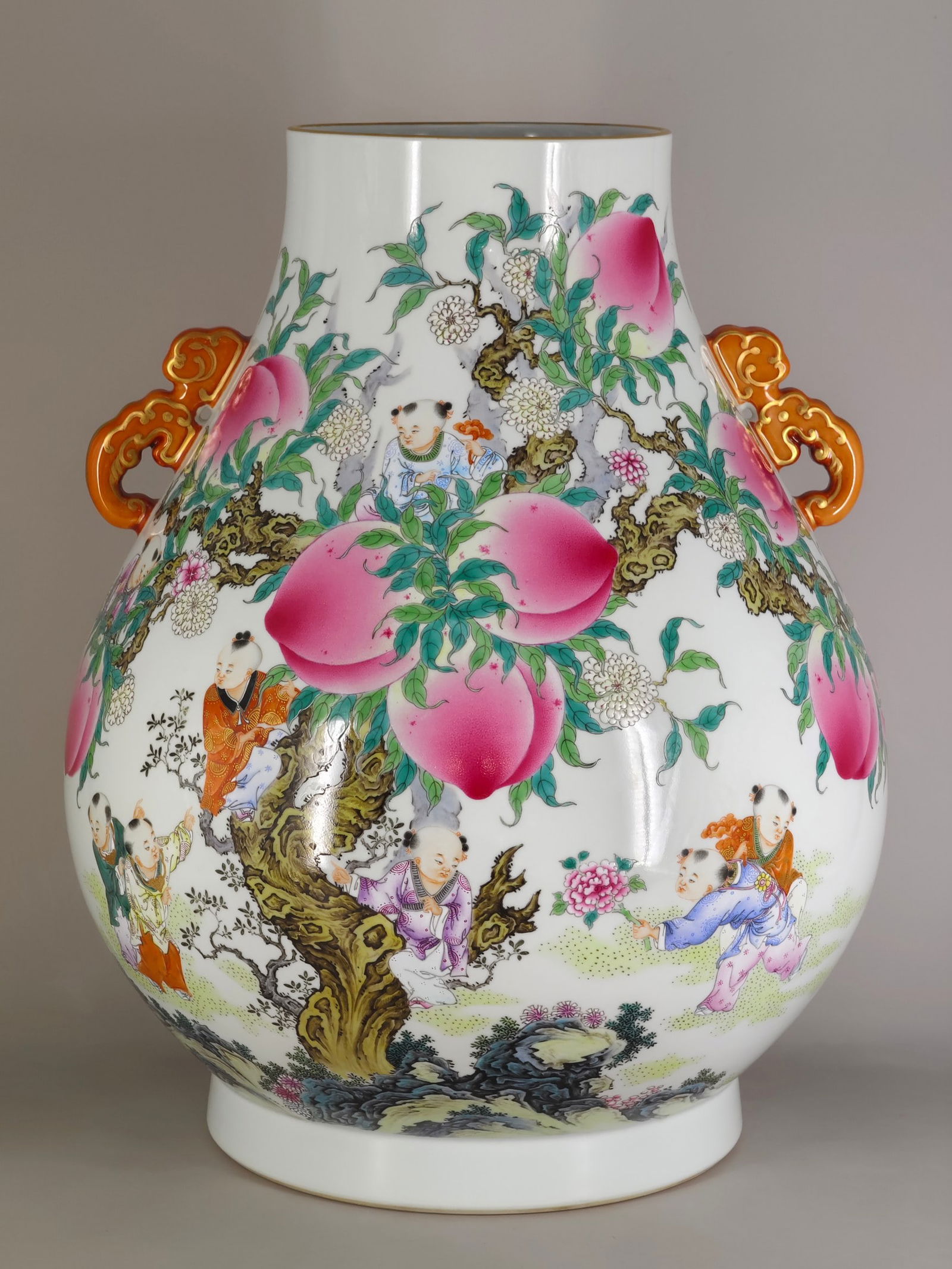 An Exquisite Famille-Rose Character and Story Pattern with poem Double-Ears Vase: An Exquisite Famille-Rose Character and Story Pattern with poem Double-Ears Vase Qing Dynasty, China Qianlong Six-character Mark Size:48cmx38cm (The Dimensions Of All Batches Are Manually