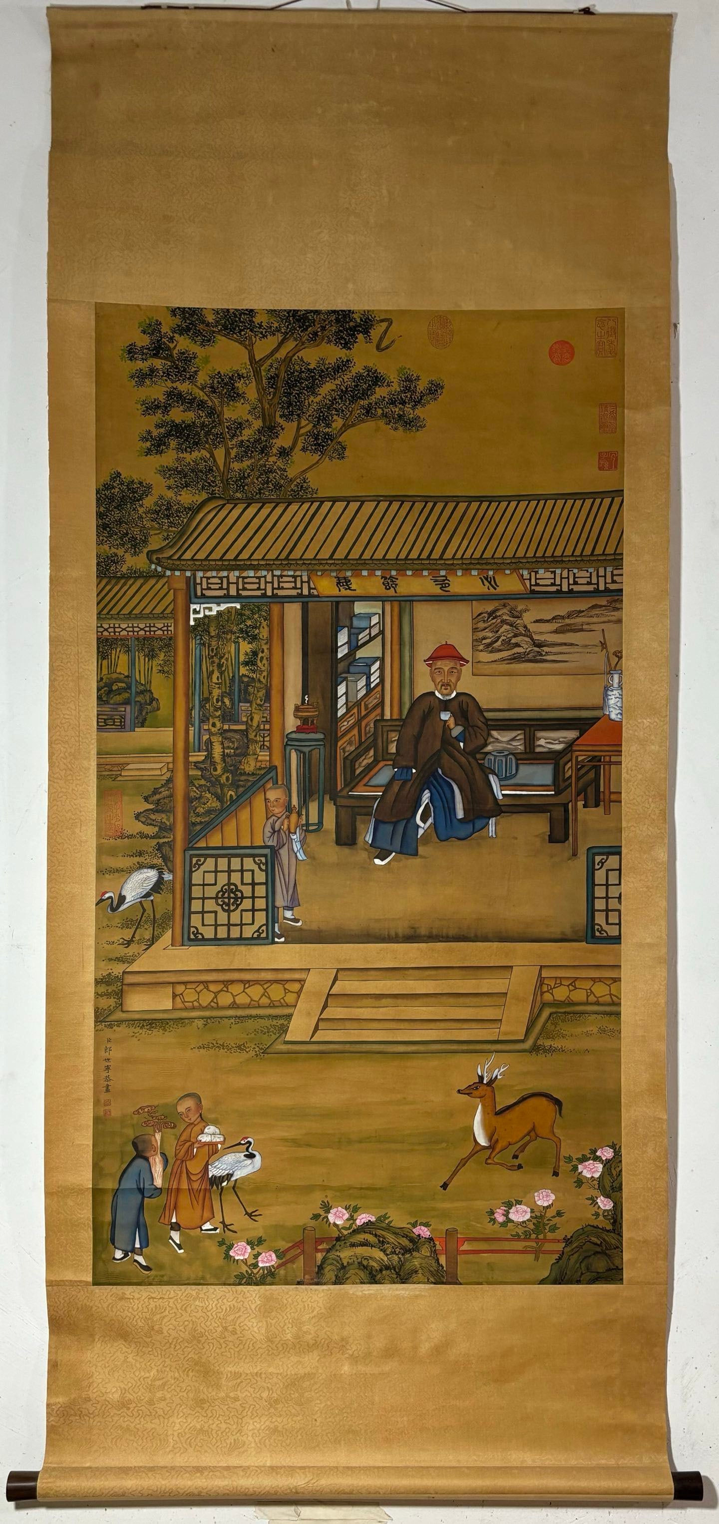 A Chinese Vertical Scroll Ink Painting of Character and Story on Silk: A Chinese Vertical Scroll Ink Painting of Character and Story on Silk Lang shining Without frame Size:125cmx68cm (The Dimensions Of All Batches Are Manually Measured.If You Need More Detailed