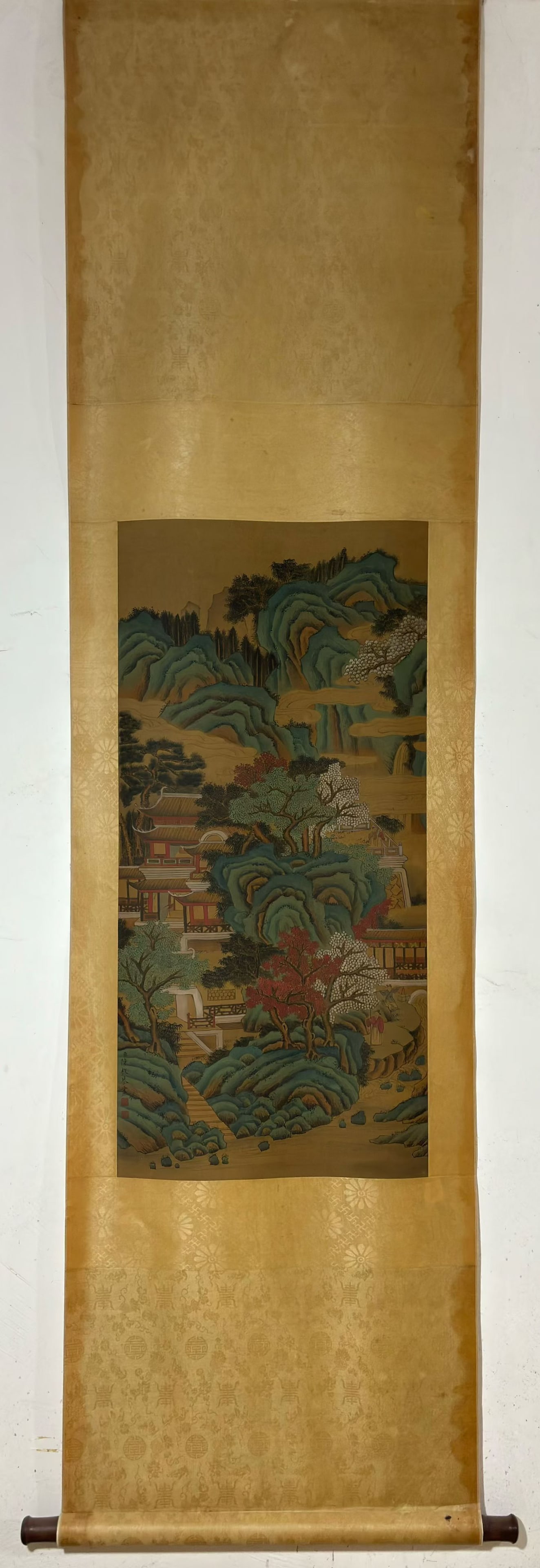 A Chinese Vertical Scroll Ink Painting of Landscape on Silk: A Chinese Vertical Scroll Ink Painting of Landscape on Silk Chen mei Without frame Size:90cmx43.5cm (The Dimensions Of All Batches Are Manually Measured.If You Need More Detailed Information,