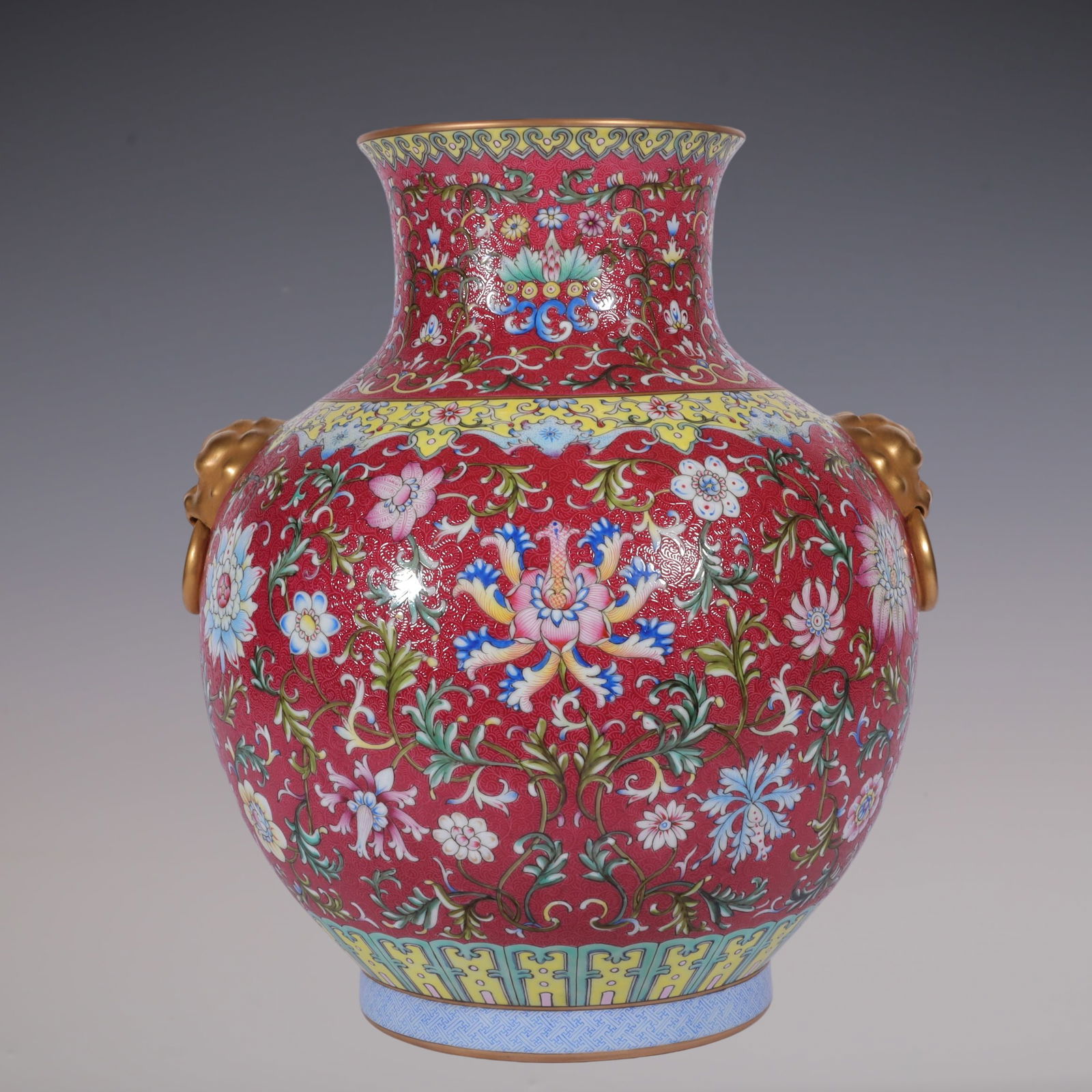 An Exquisite Famille-Rose Ruby Red-Glazed Lotus Pattern Double-Ears Vase: An Exquisite Famille-Rose Ruby Red-Glazed Lotus Pattern Double-Ears Vase Qing Dynasty, China Qianlong Four-character Mark Size:34cmx28cm (The Dimensions Of All Batches Are Manually Measured.If You Nee