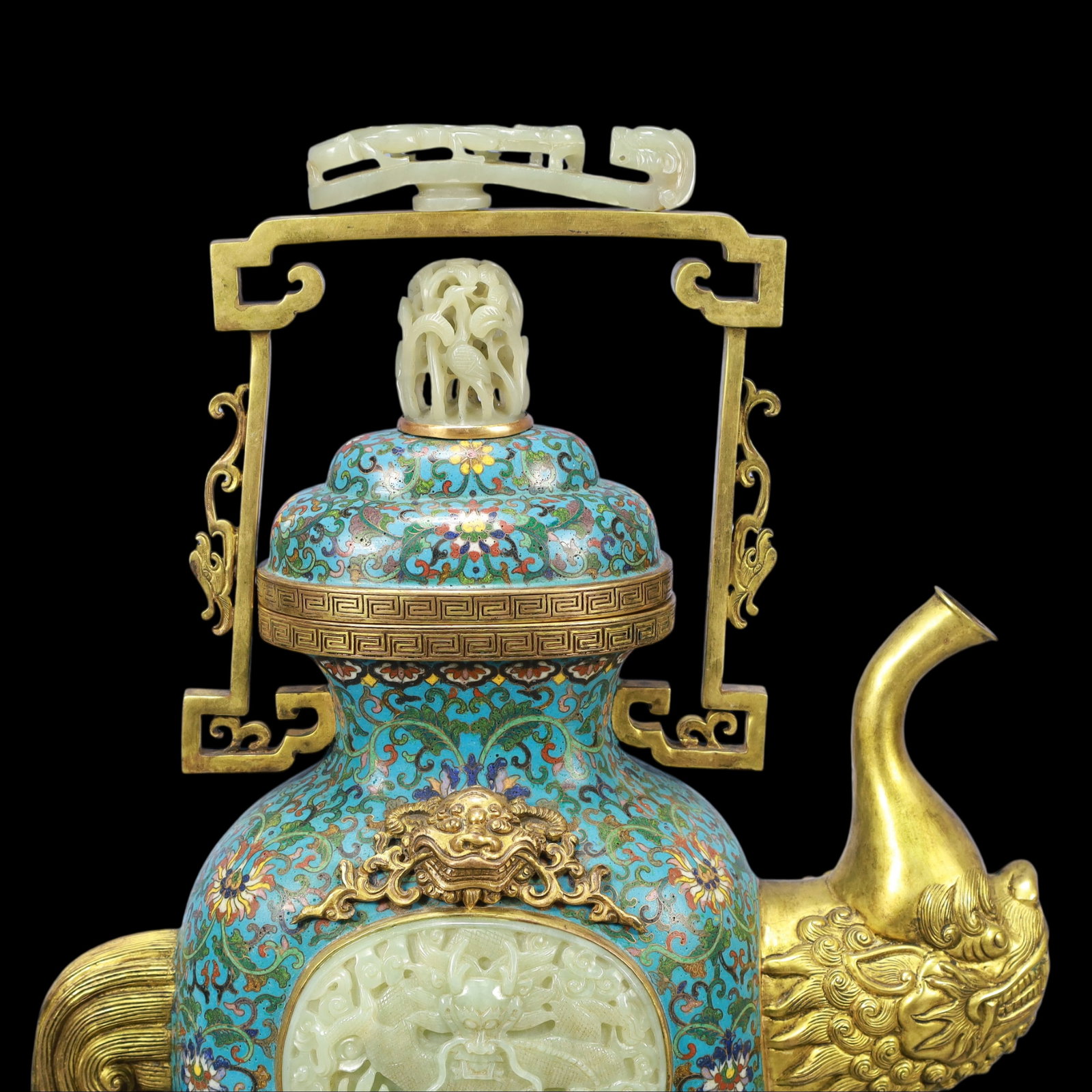A Exquisite Cloisonne Inlaid White Jade Lotus Pattern Dragon Pattern Ewer - 3