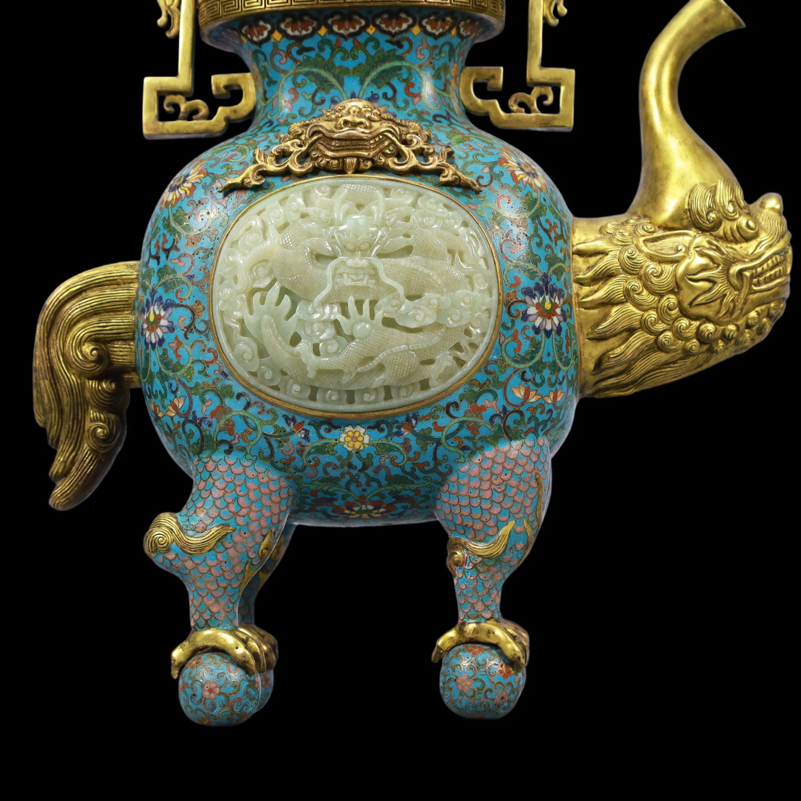 A Exquisite Cloisonne Inlaid White Jade Lotus Pattern Dragon Pattern Ewer - 4
