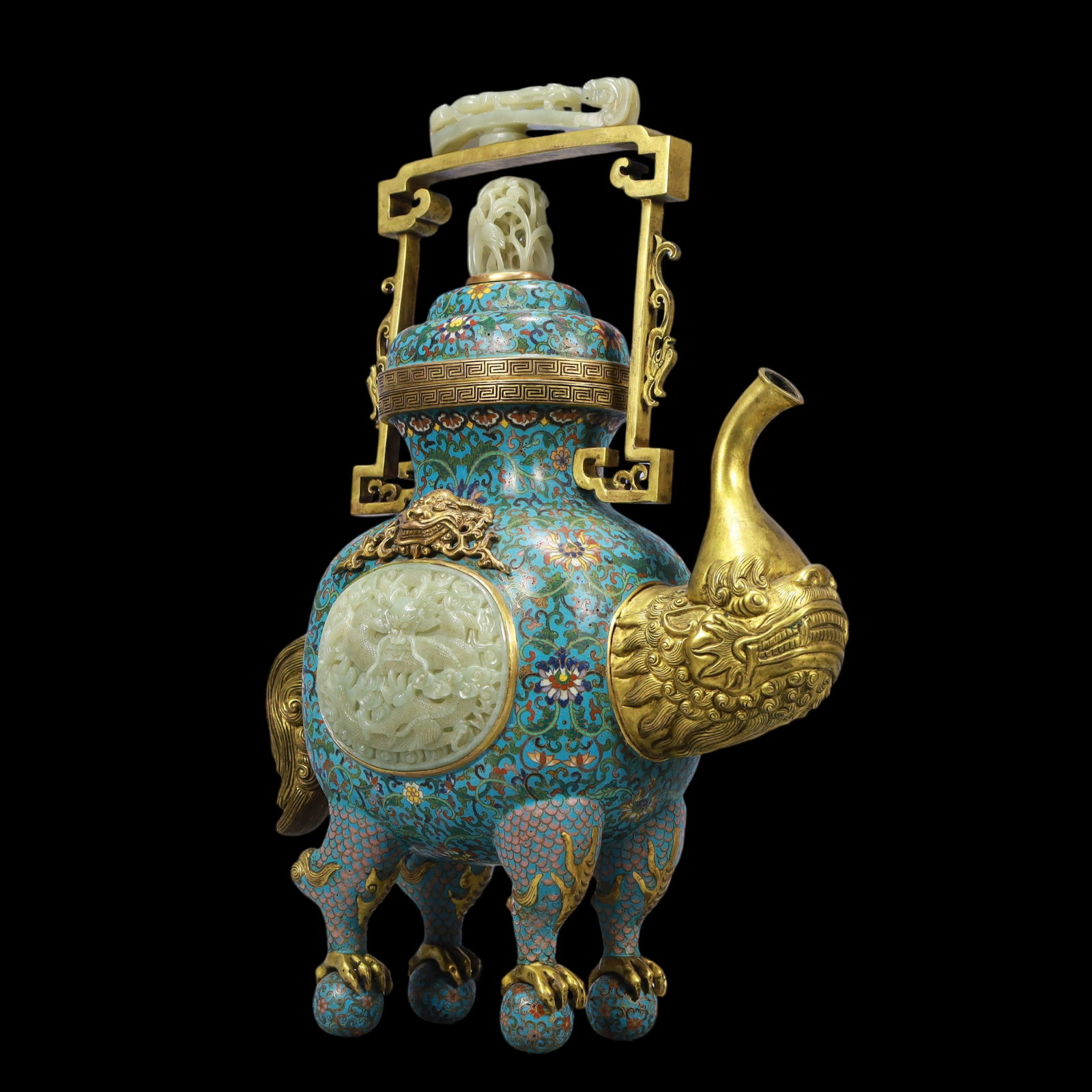A Exquisite Cloisonne Inlaid White Jade Lotus Pattern Dragon Pattern Ewer - 5