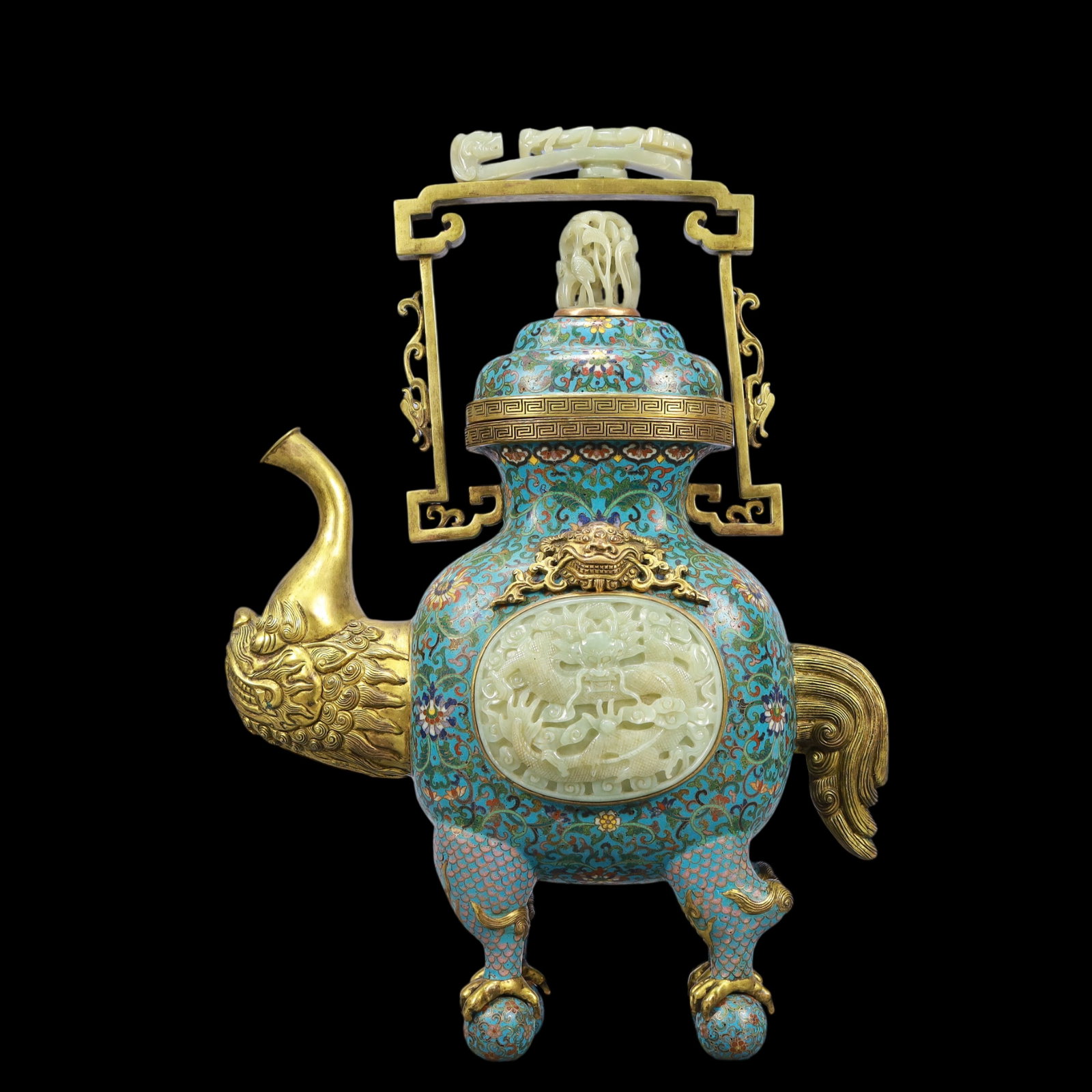 A Exquisite Cloisonne Inlaid White Jade Lotus Pattern Dragon Pattern Ewer - 8