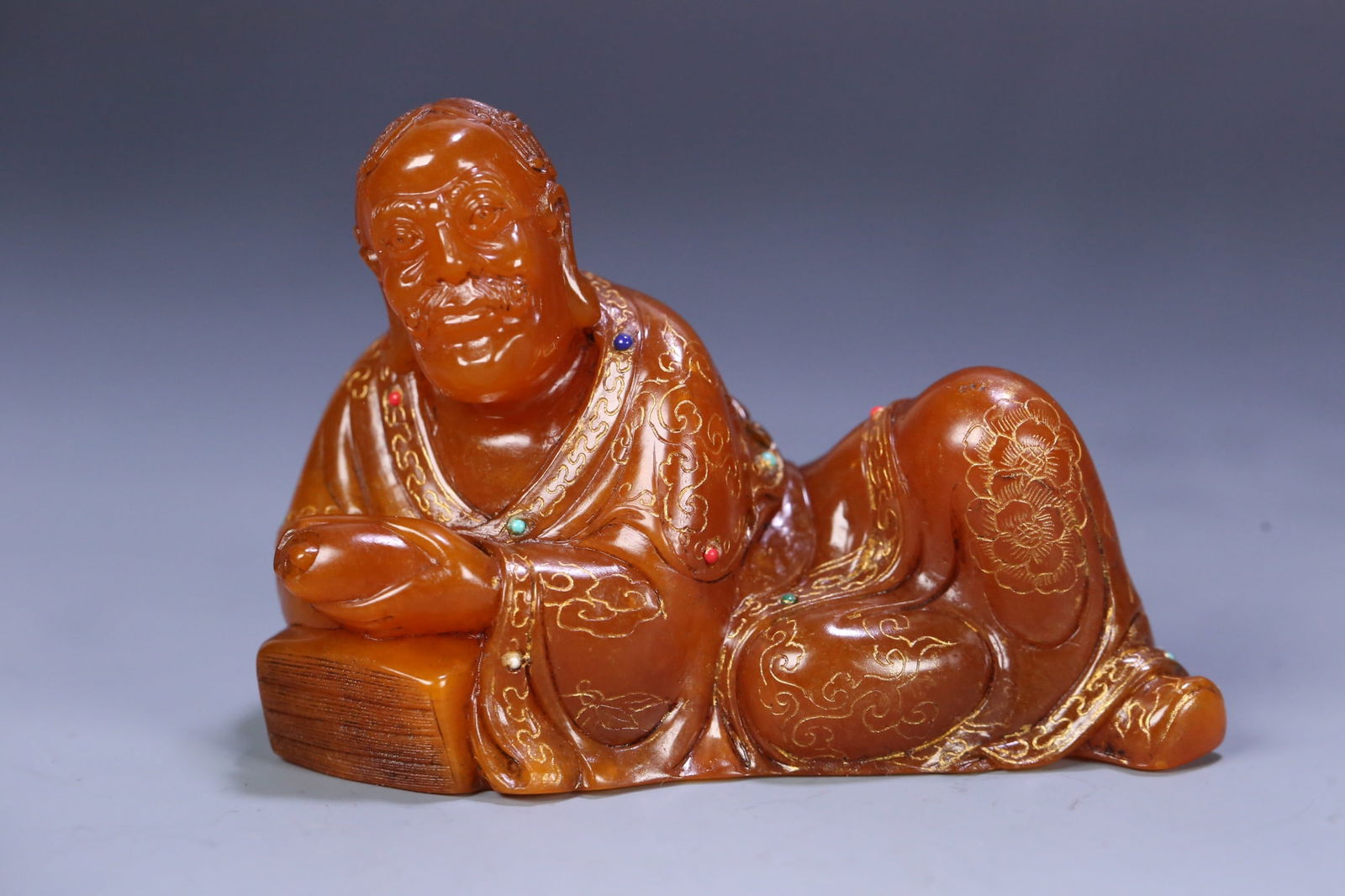 An Exquisite Tianhuang Stone Inlaid Gems Statue of Arhat Ornament (1 of 9)