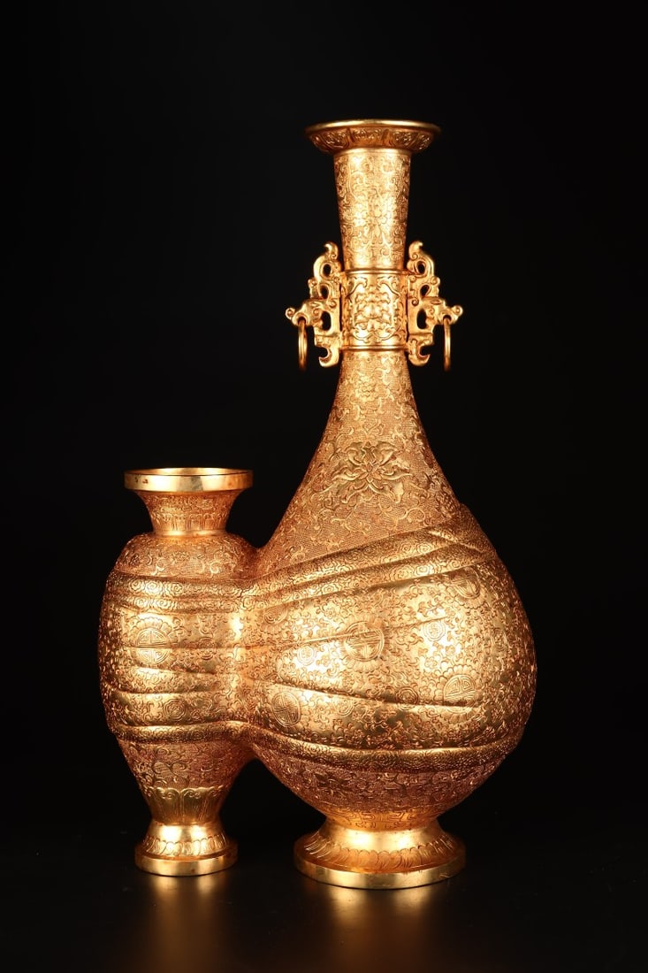 An Exquisite Gilt Bronze Lotus Pattern Double-Ears Vase - 2