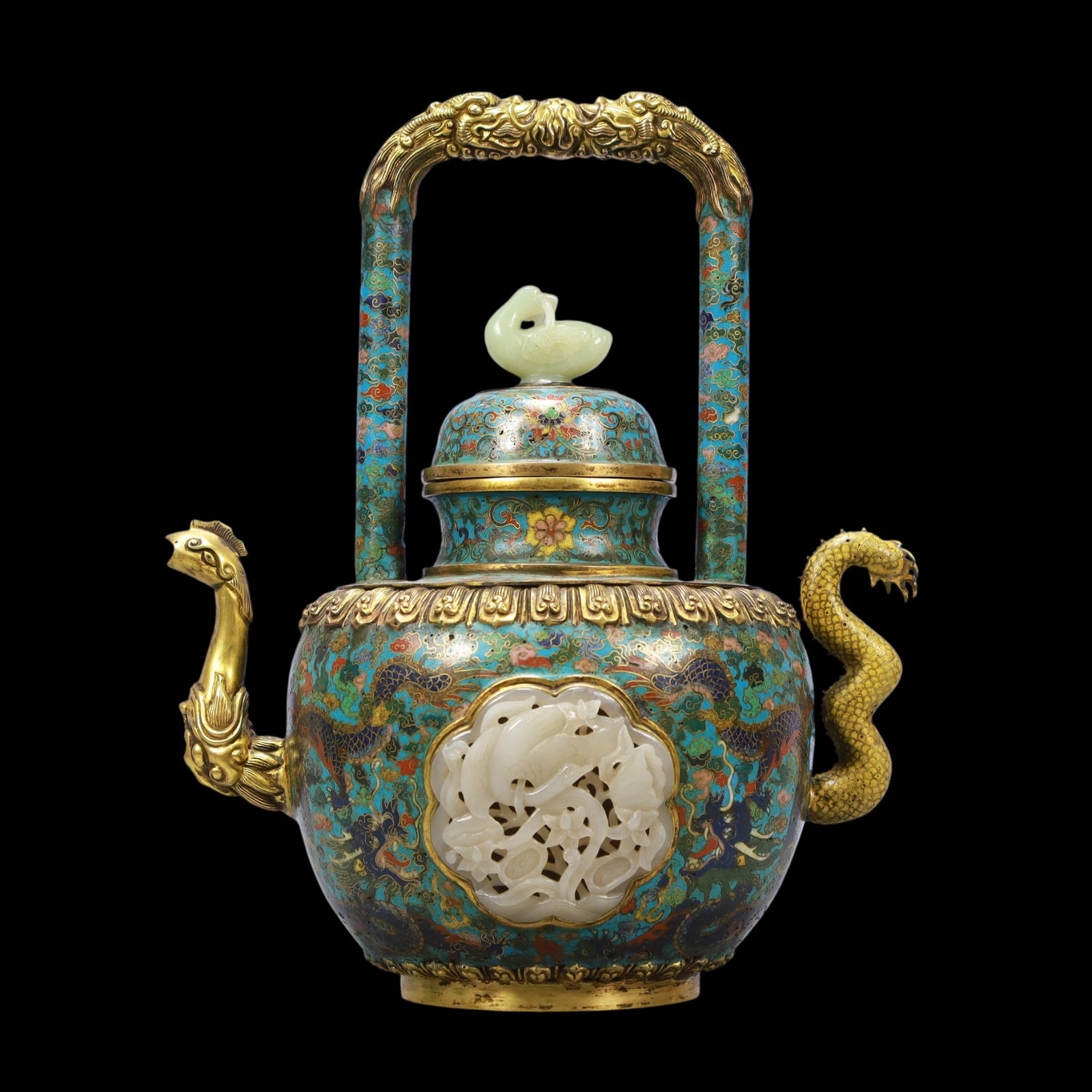A Exquisite Cloisonne Inlaid White Jade Lotus Pattern Dragon Pattern Double-Ears Ewer: A Exquisite Cloisonne Inlaid White Jade Lotus Pattern Dragon Pattern Double-Ears Ewer Qing Dynasty, China Qianlong Four-character Mark Size:27cmx18cmx33cm Weight:2700g (The Dimensions Of All