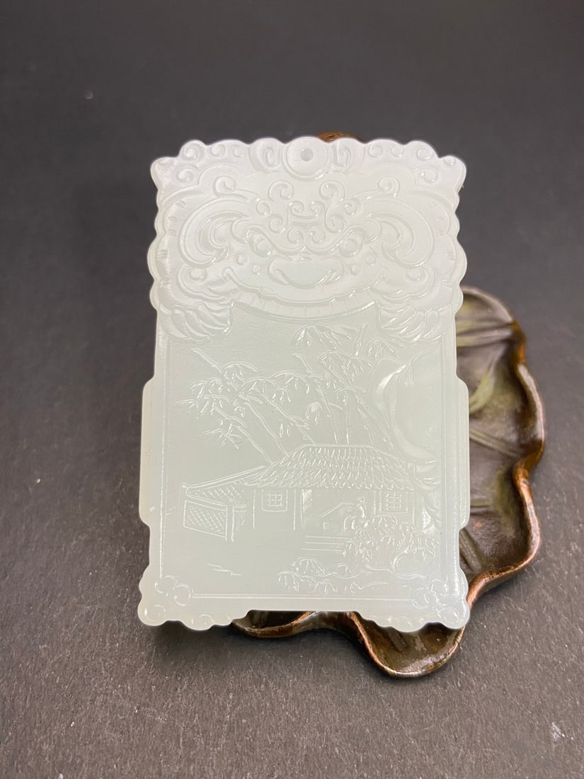 An Exquisite White Jade Beast-Face Pattern Landscape Pattern Brand: An Exquisite White Jade Beast-Face Pattern Landscape Pattern Brand Qing Dynasty, China Size:6.3cmx4.16cmx0.67cm Weight:47g (The Dimensions Of All Batches Are Manually Measured.If You Need More