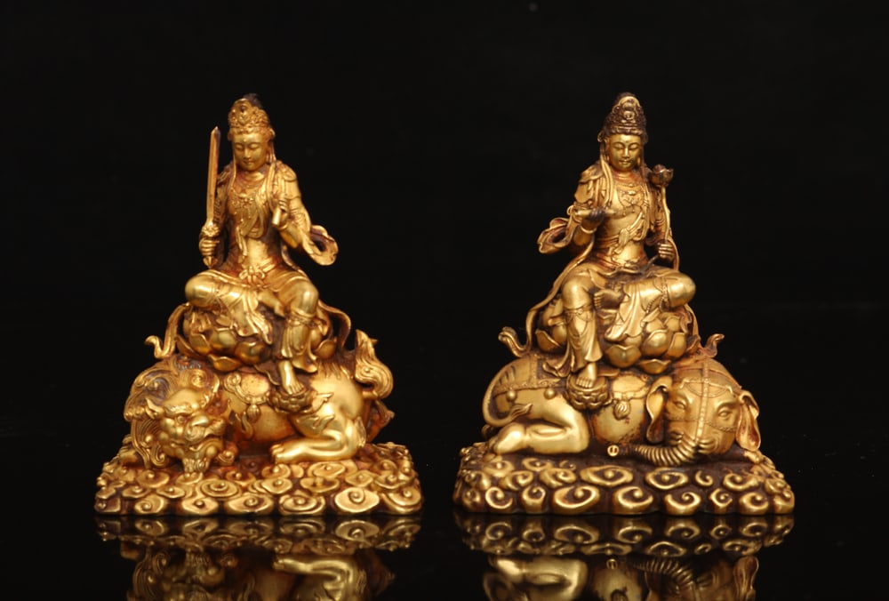 An Exquisite Gilt Bronze Statue of Manjusri Statue of Samantabhadra Ornament: An Exquisite Gilt Bronze Statue of Manjusri Statue of Samantabhadra Ornament Ming Dynasty, China Size:10cmx7cm Weight:29500g (The Dimensions Of All Batches Are Manually Measured.If You Need More
