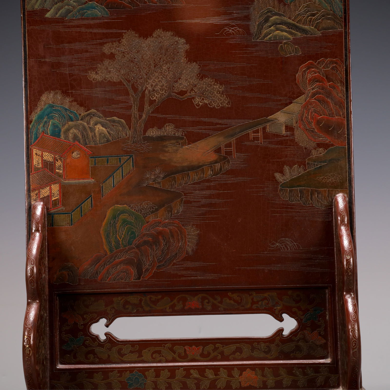 A Exquisite Carved Red Lacquer Landscape and Figure Pattern Screen - 10