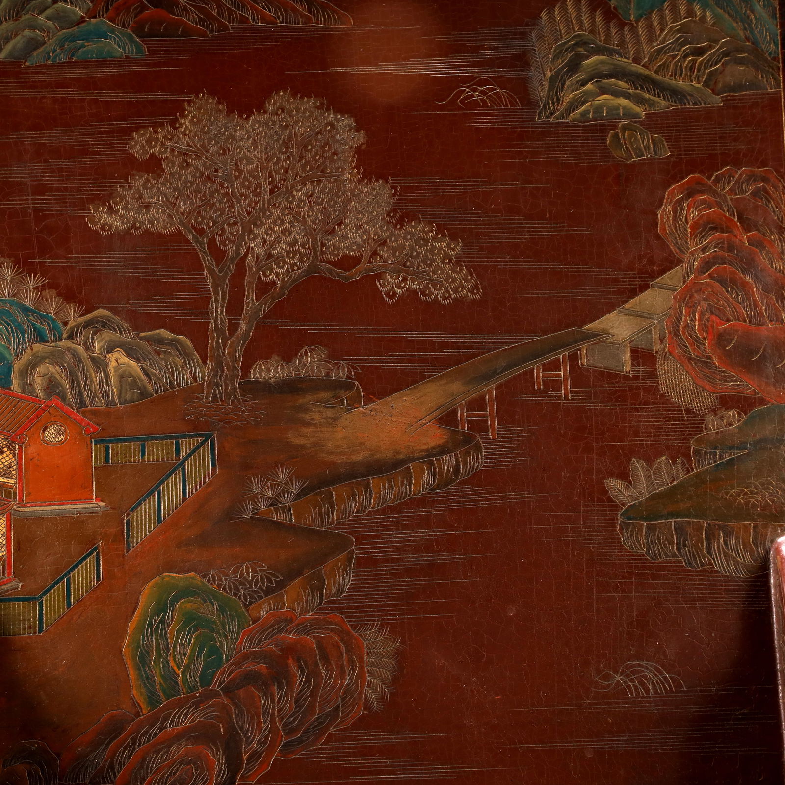 A Exquisite Carved Red Lacquer Landscape and Figure Pattern Screen - 12