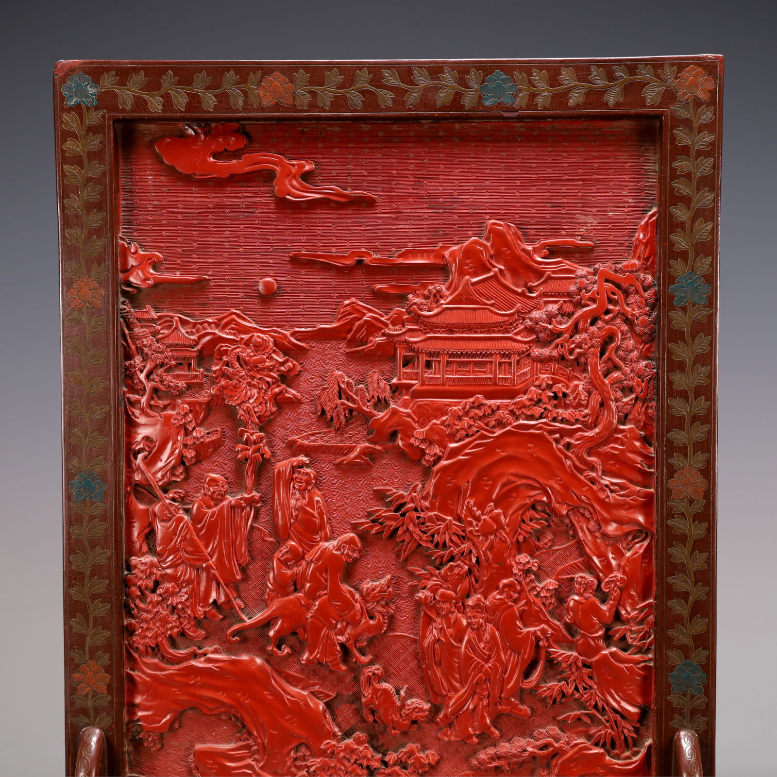 A Exquisite Carved Red Lacquer Landscape and Figure Pattern Screen - 2