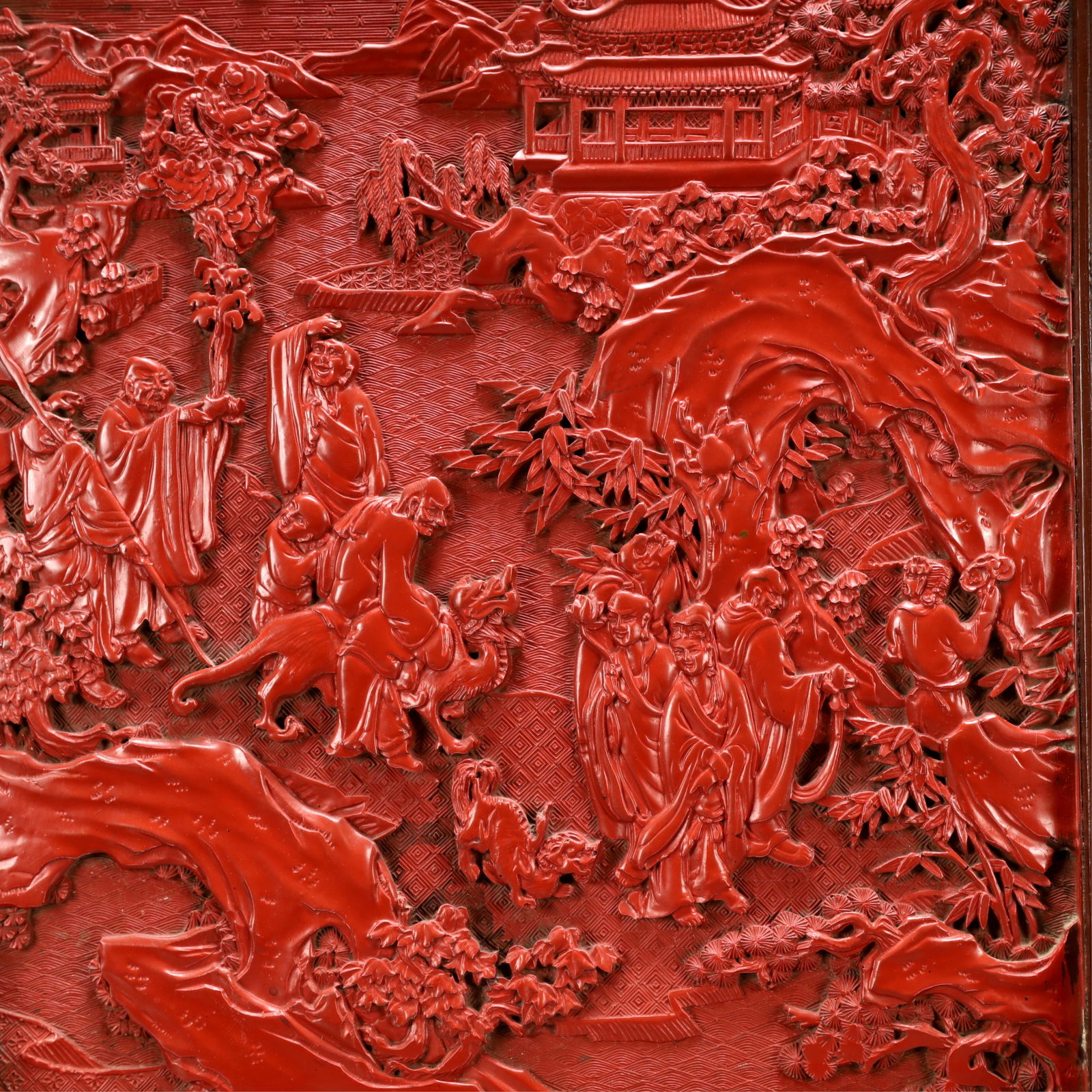 A Exquisite Carved Red Lacquer Landscape and Figure Pattern Screen - 4