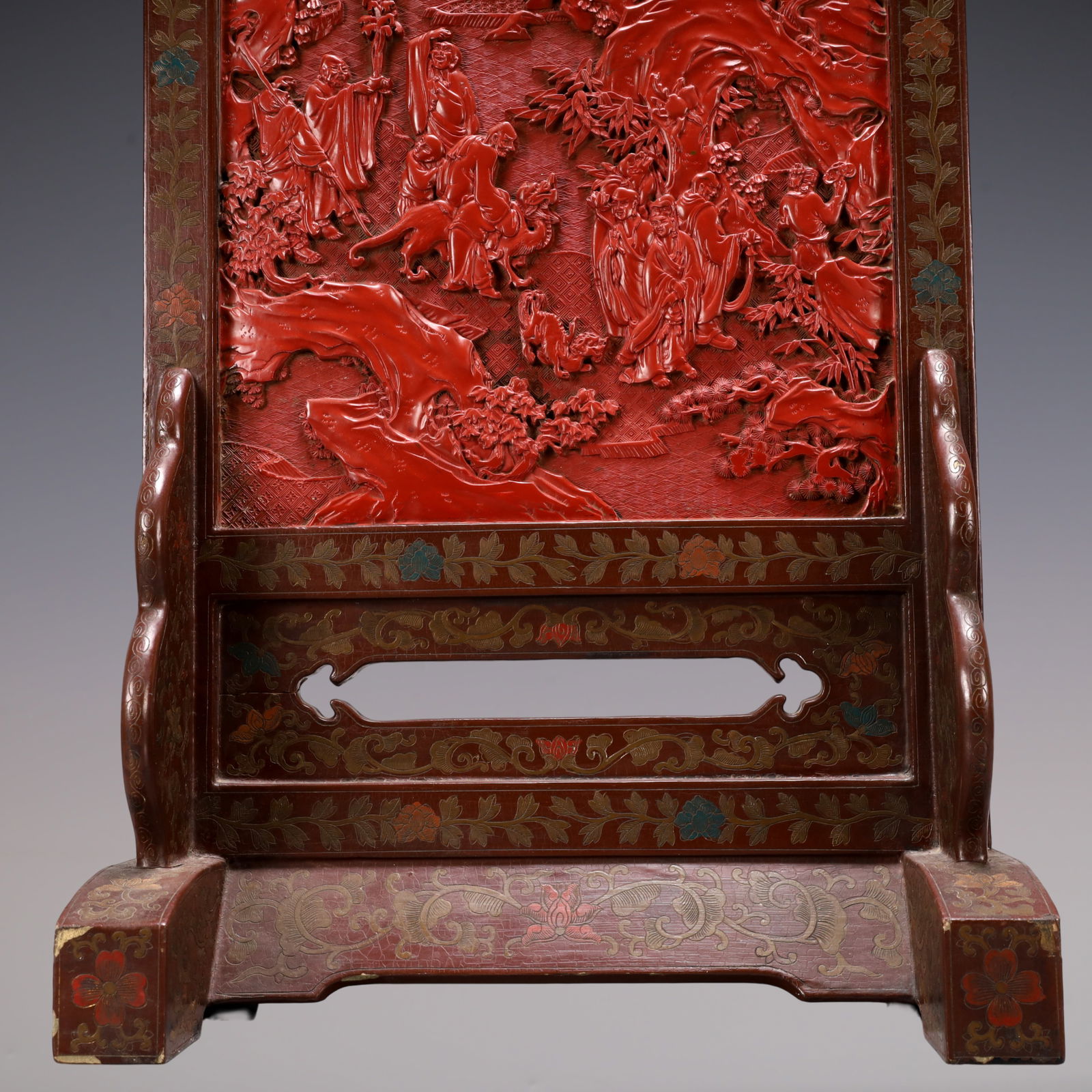 A Exquisite Carved Red Lacquer Landscape and Figure Pattern Screen - 5