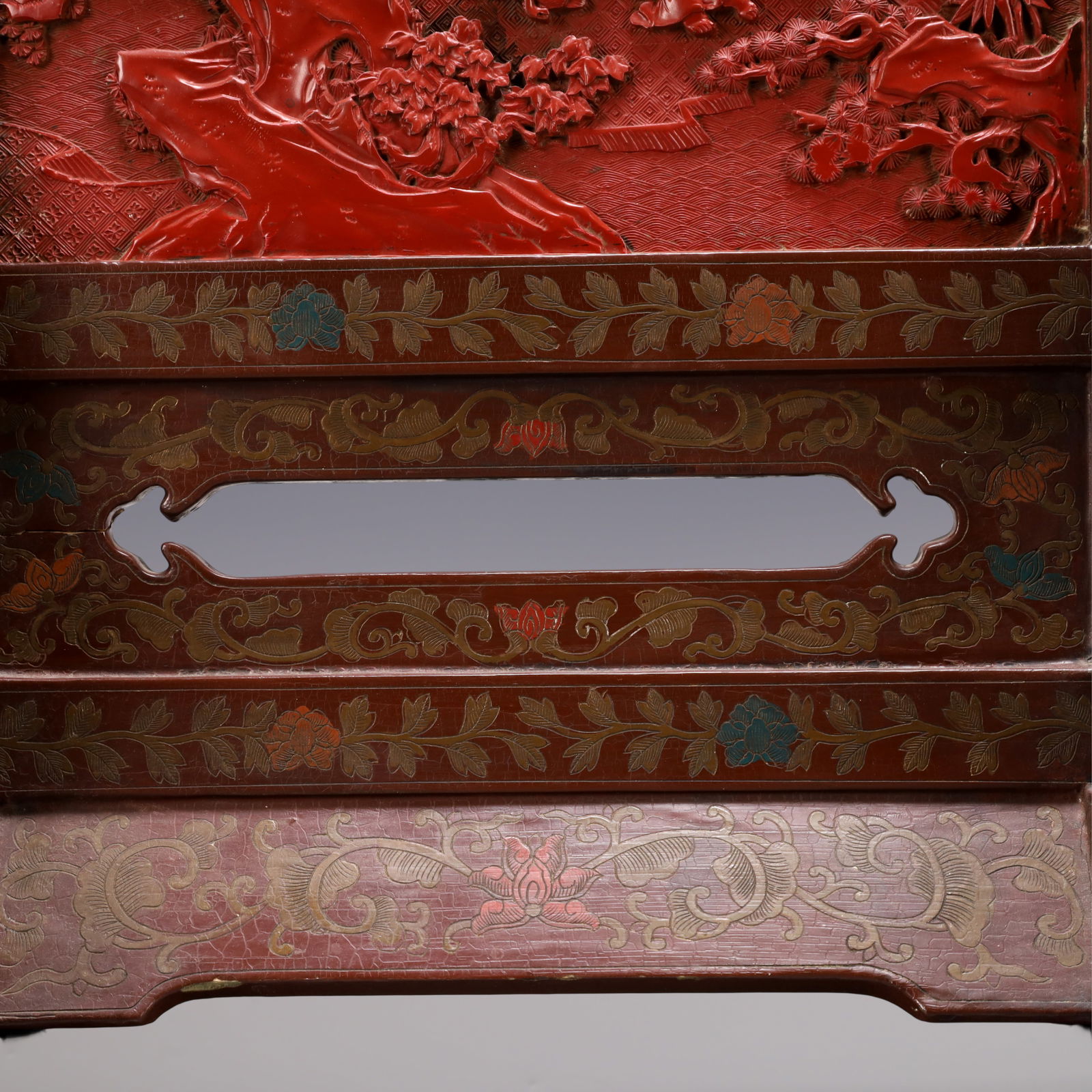 A Exquisite Carved Red Lacquer Landscape and Figure Pattern Screen - 6