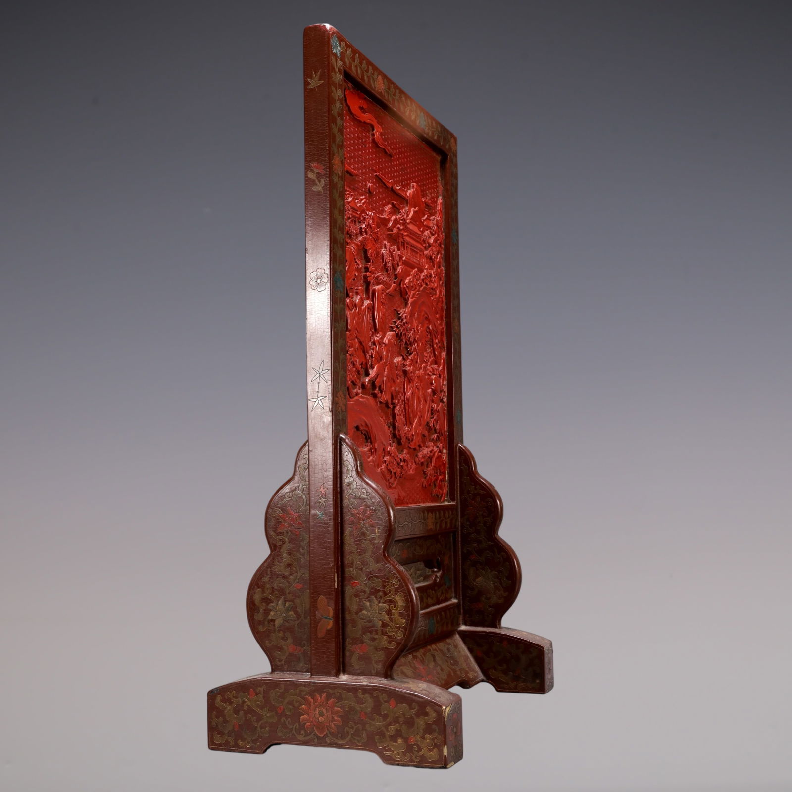 A Exquisite Carved Red Lacquer Landscape and Figure Pattern Screen - 7