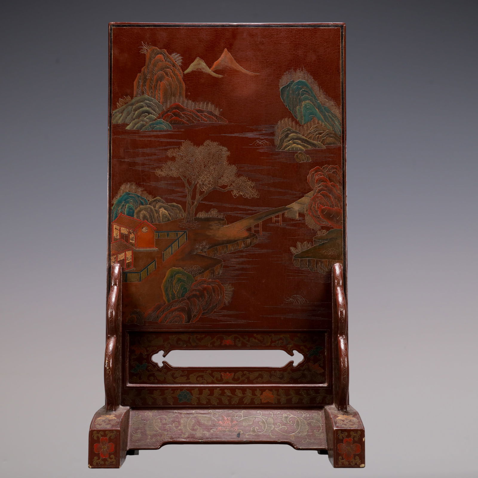 A Exquisite Carved Red Lacquer Landscape and Figure Pattern Screen - 8