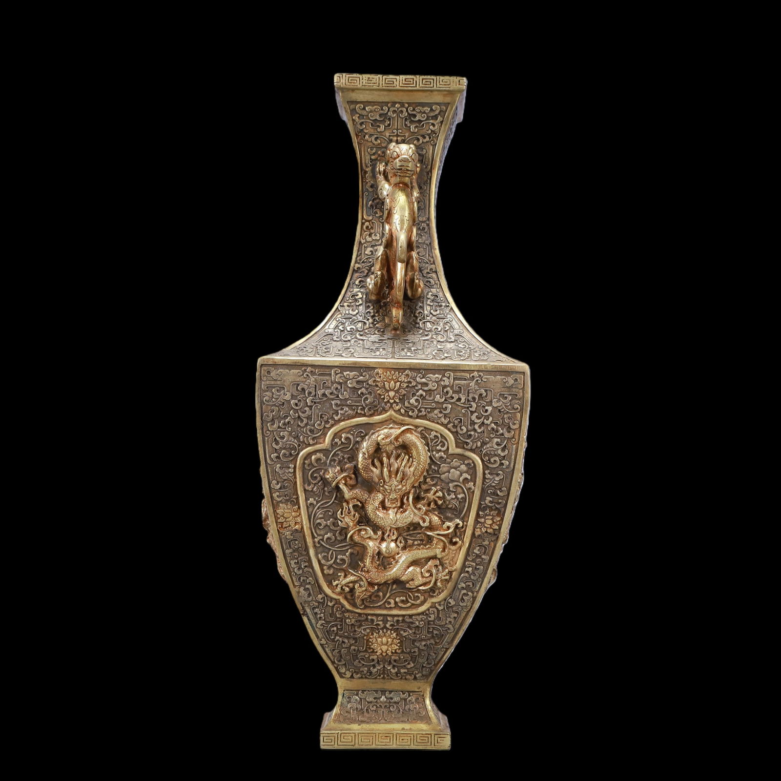 A Exquisite Gilt Silver Lotus Pattern Dragon Pattern Double-Ears Vase - 10