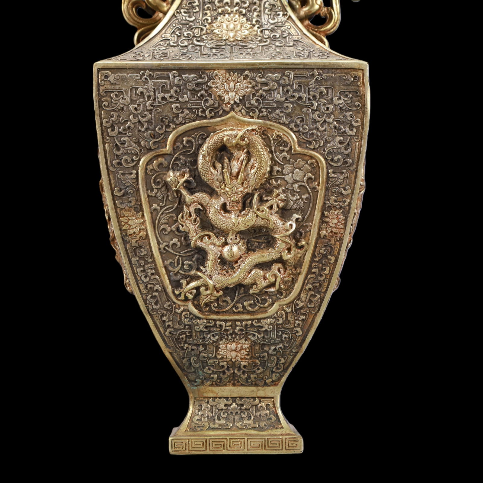 A Exquisite Gilt Silver Lotus Pattern Dragon Pattern Double-Ears Vase - 3
