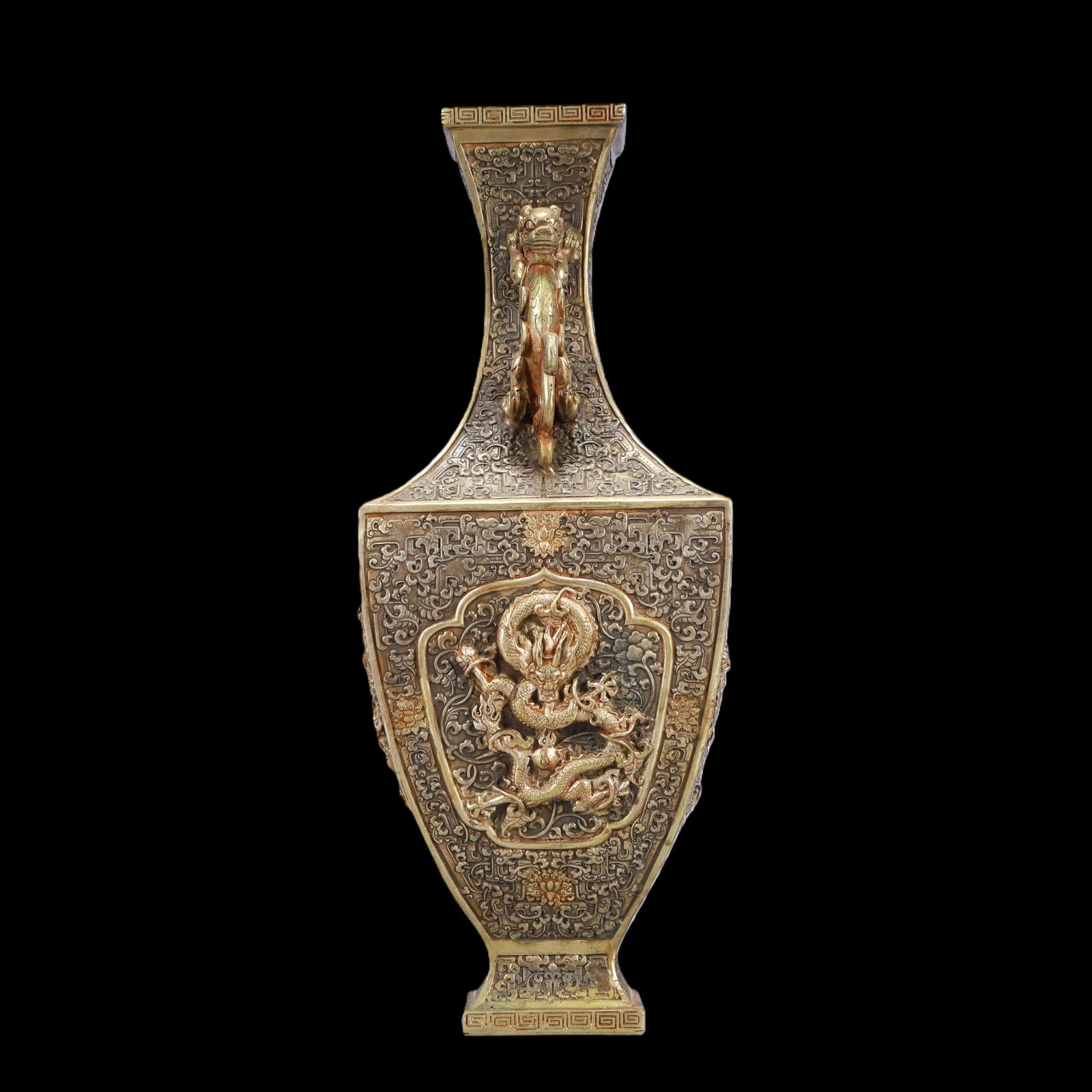 A Exquisite Gilt Silver Lotus Pattern Dragon Pattern Double-Ears Vase - 4