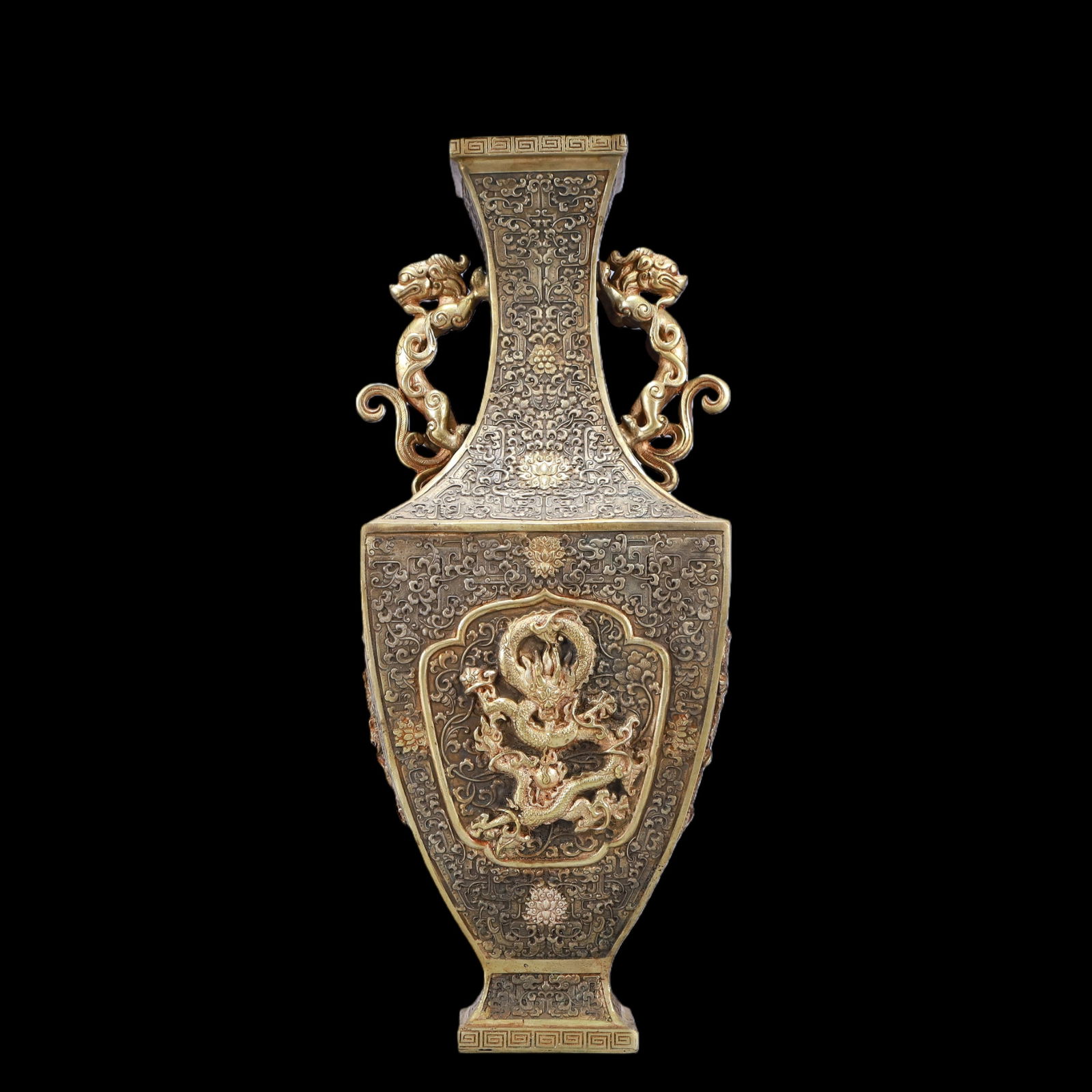 A Exquisite Gilt Silver Lotus Pattern Dragon Pattern Double-Ears Vase - 7