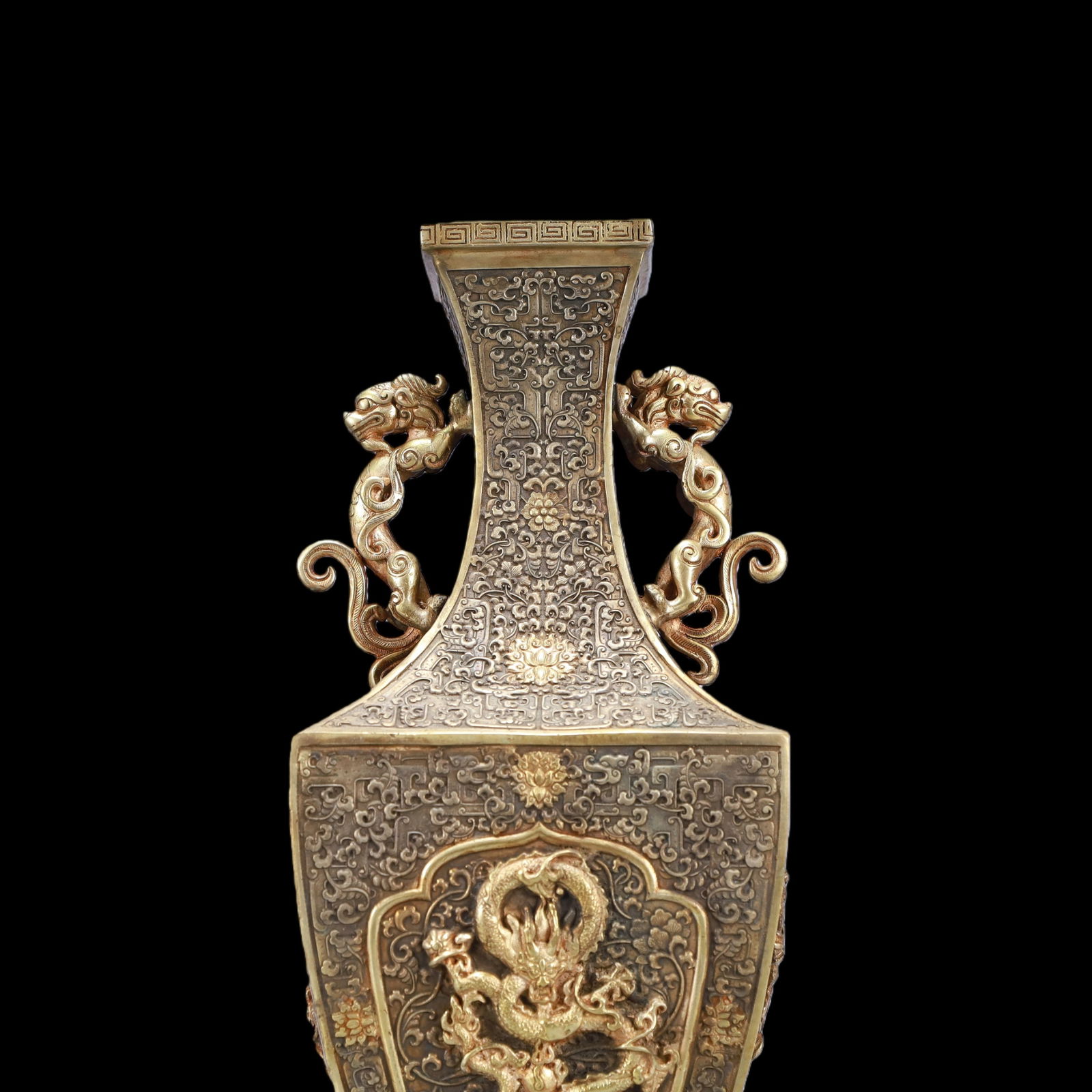 A Exquisite Gilt Silver Lotus Pattern Dragon Pattern Double-Ears Vase - 8