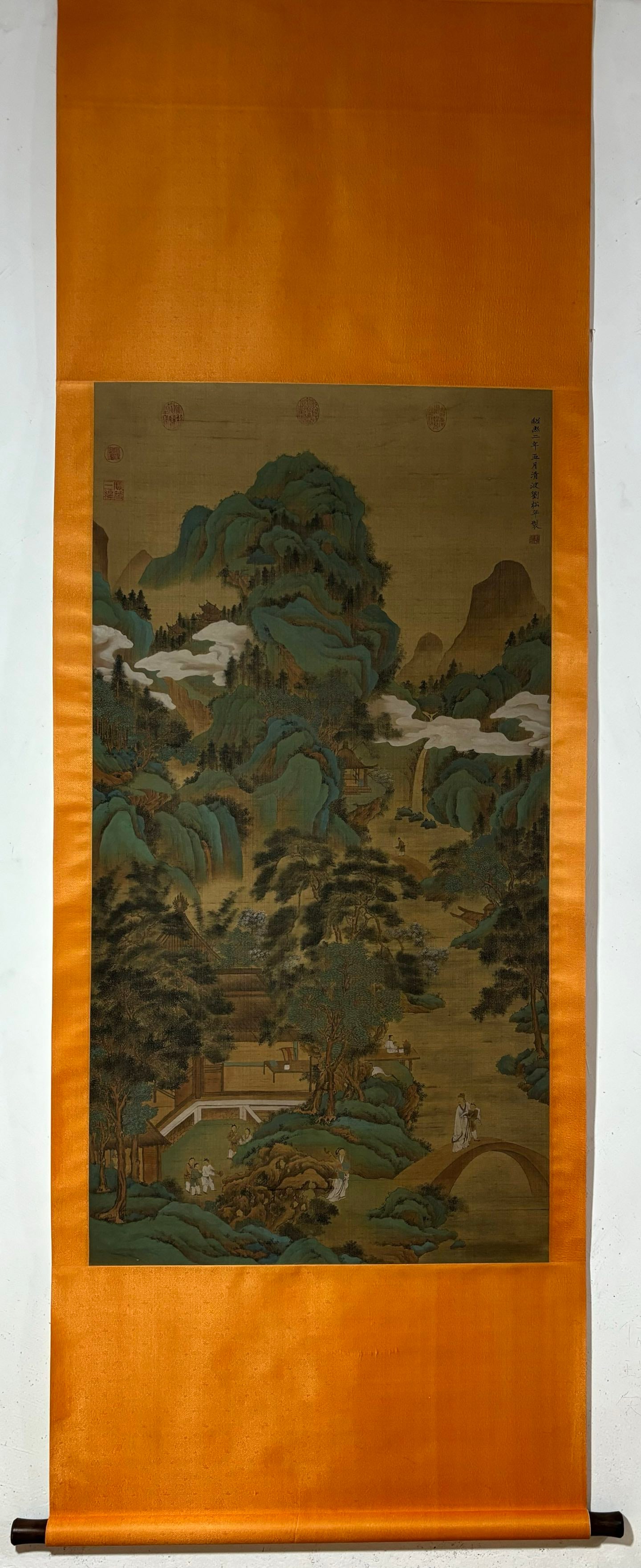 A Chinese Vertical Scroll Ink Painting of Landscape and Figure on Silk: A Chinese Vertical Scroll Ink Painting of Landscape and Figure on Silk Liu songnian Without frame Size:130cmx68cm (The Dimensions Of All Batches Are Manually Measured.If You Need More Detailed