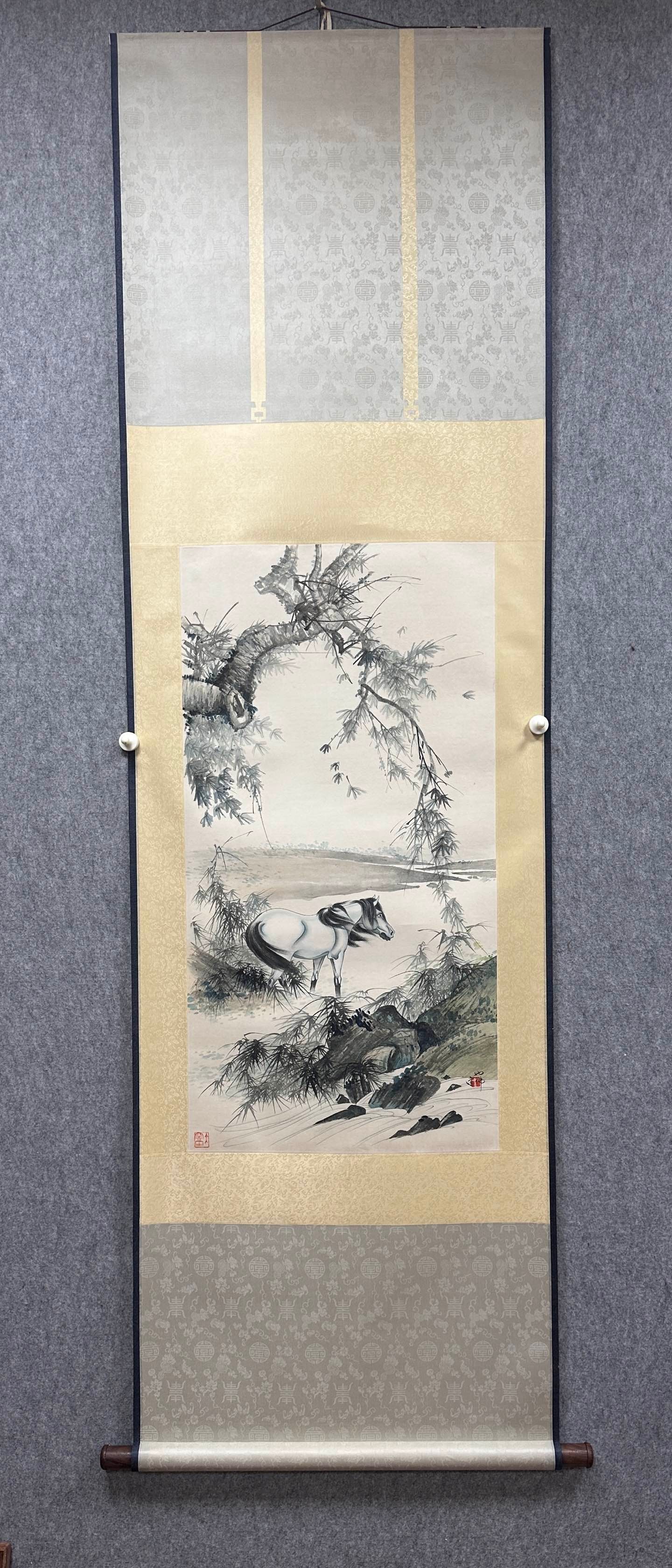 A Chinese Vertical Scroll Ink Painting of Horse on Paper: A Chinese Vertical Scroll Ink Painting of Horse on PaperHu yefo Without frame Size:48cmx93cm (The Dimensions Of All Batches Are Manually Measured.If You Need More Detailed Information, Please