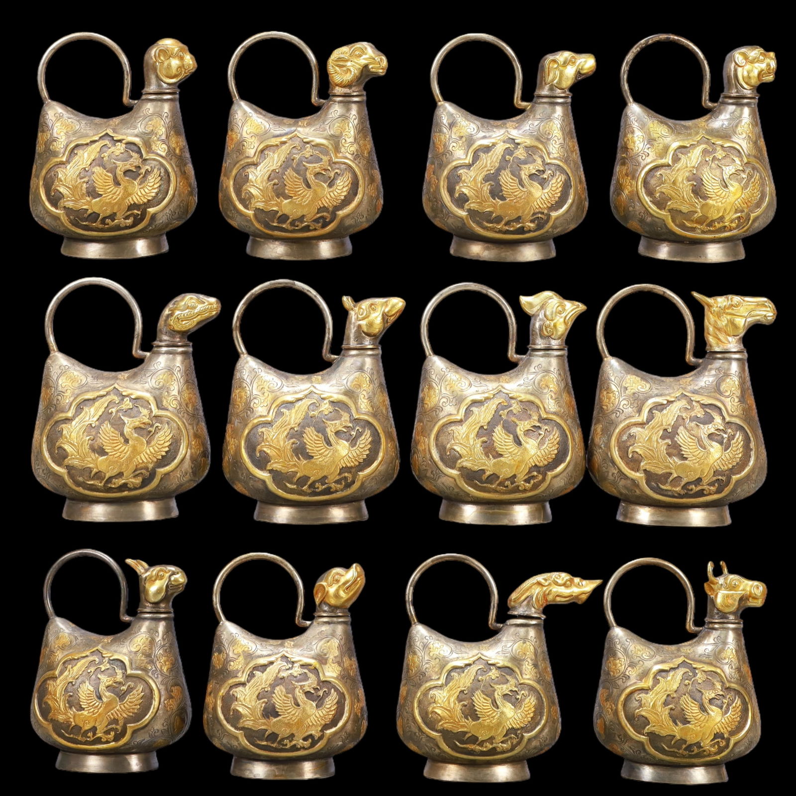 A Exquisite A Set of Gilt Silver Dragon and Phoenix Pattern Ewer: A Exquisite A Set of Gilt Silver Dragon and Phoenix Pattern Ewer Tang Dynasty, China Zhenguan Four-character Mark Size:13cmx9.5cmx16cm Weight:7500g (The Dimensions Of All Batches Are Manually