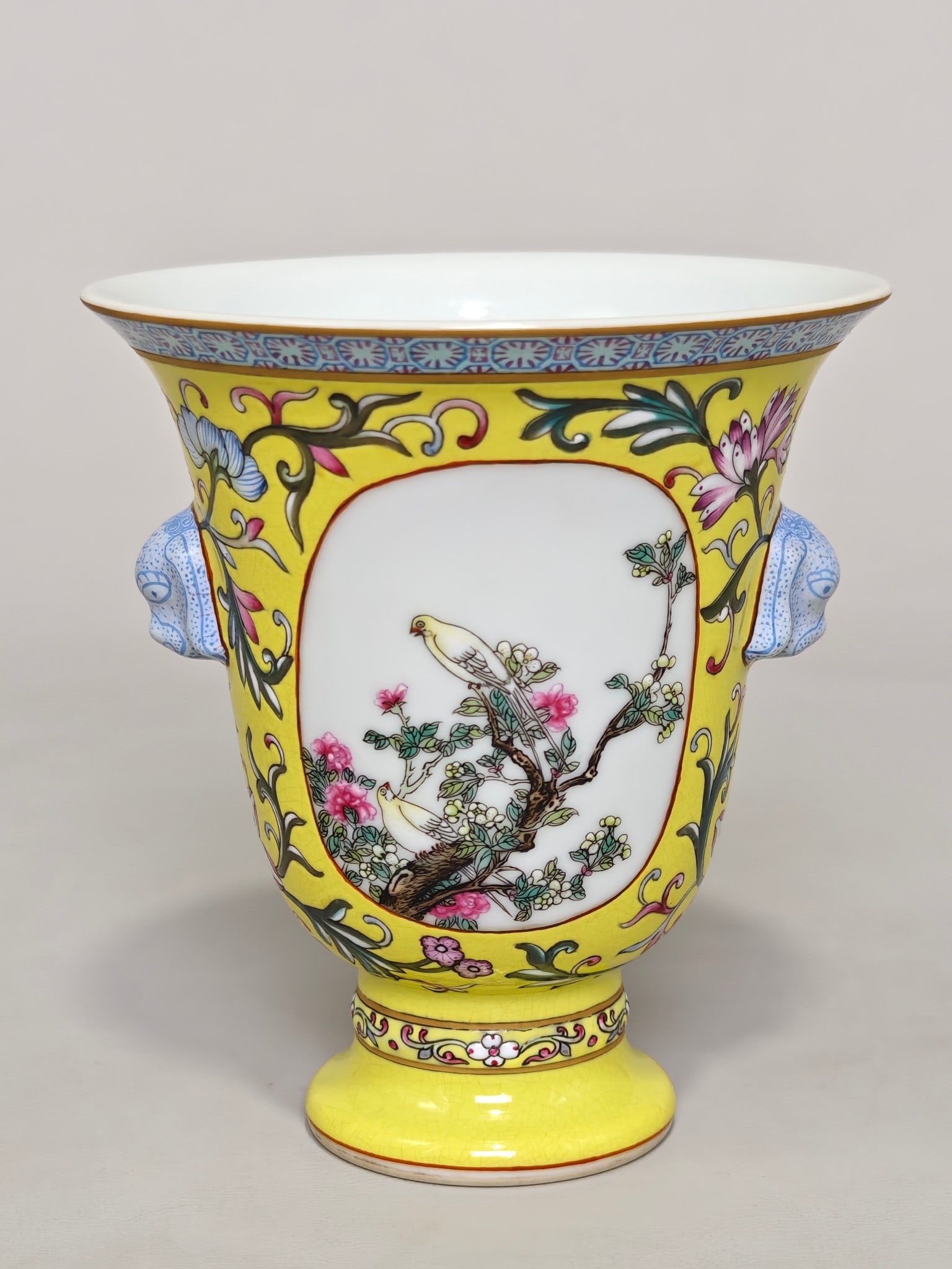 An Exquisite Enamel Lotus Pattern Flower and Bird Pattern Double-Ears Cup: An Exquisite Enamel Lotus Pattern Flower and Bird Pattern Double-Ears Cup Qing Dynasty, China Qianlong Six-character Mark Size:11.2cmx10.2cm (The Dimensions Of All Batches Are Manually Measured.If You