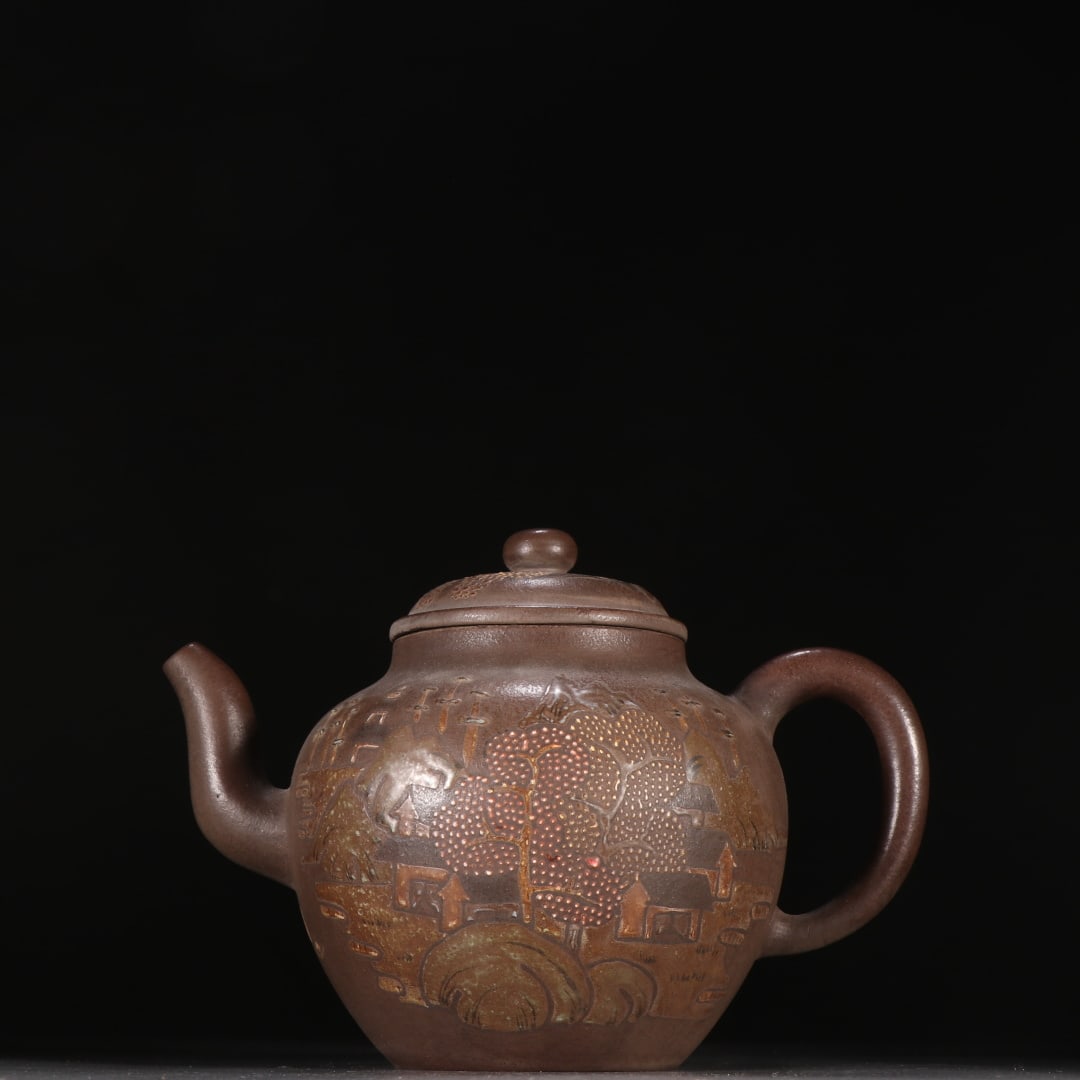 An Exquisite Purple Sands Landscape Pattern Teapot: An Exquisite Purple Sands Landscape Pattern Teapot Qing Dynasty, China Size:14cmx19.1cm (The Dimensions Of All Batches Are Manually Measured.If You Need More Detailed Information, Please Contact