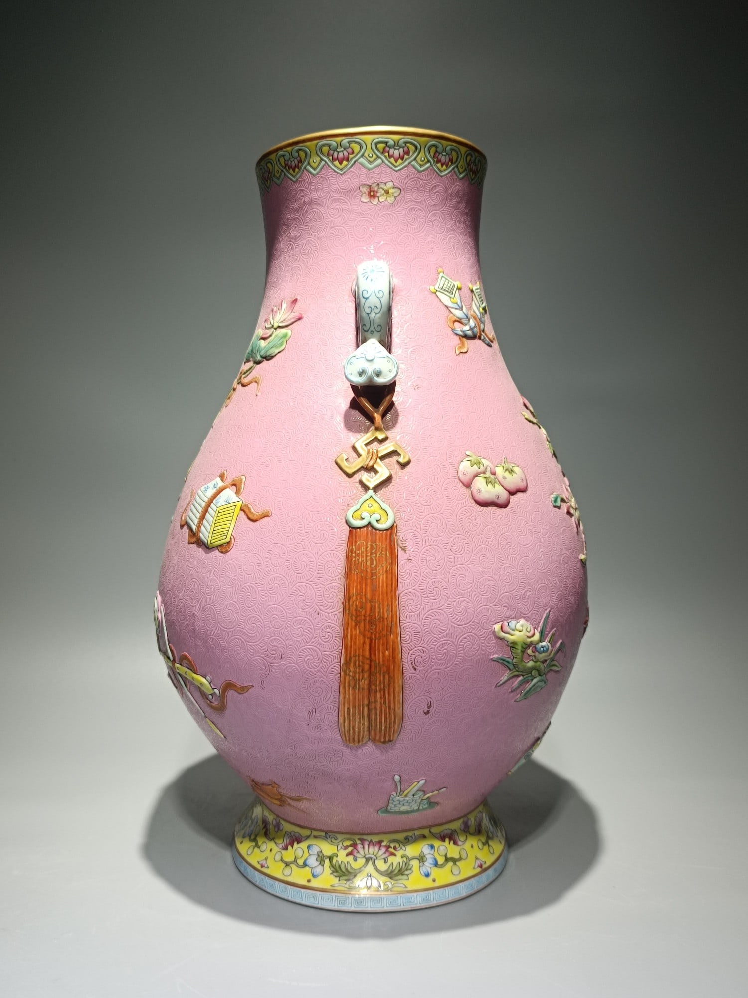 An Exquisite Enamel Lotus Pattern Eight Treasures Pattern Double-Ears Vase - 2