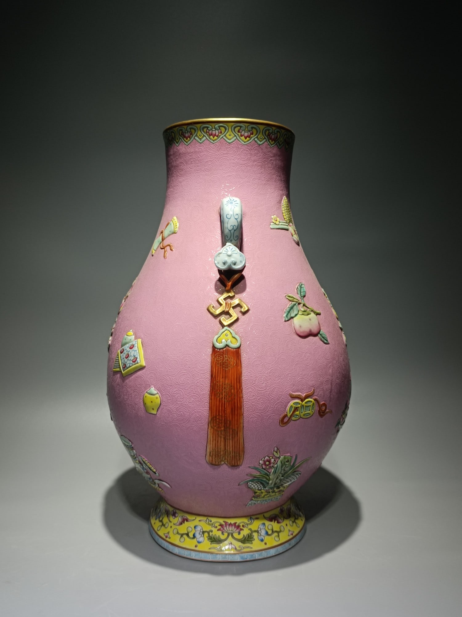 An Exquisite Enamel Lotus Pattern Eight Treasures Pattern Double-Ears Vase - 4