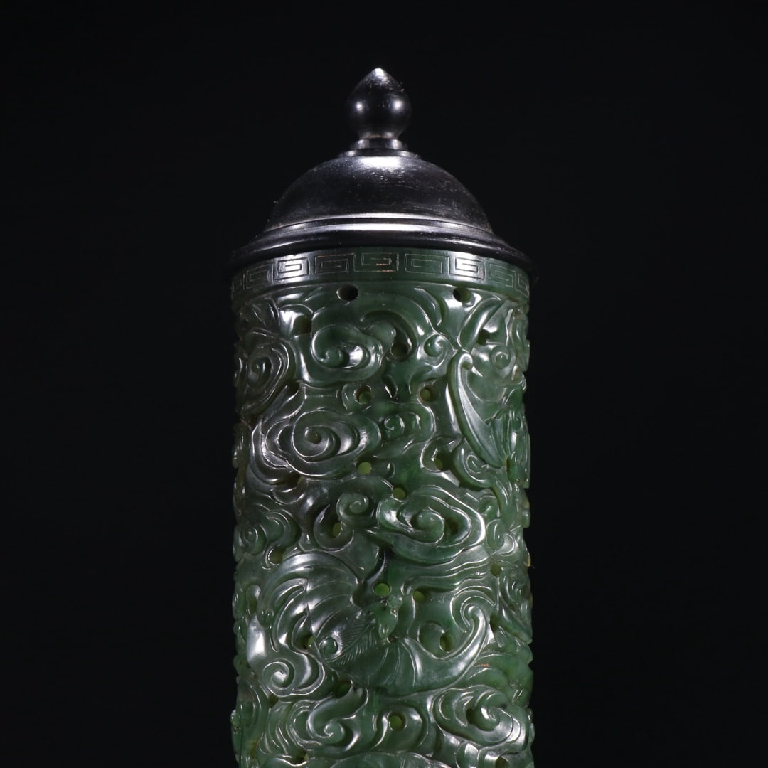 An Exquisite Jasper Bats Pattern Auspicious Cloud Pattern Incense Tube - 2