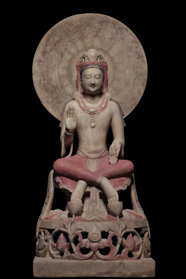 An Exquisite Marble Painted Color Statue of Bodhisattva: An Exquisite Marble Painted Color Statue of Bodhisattva N.Qi , China Size:57cmx24cm (The Dimensions Of All Batches Are Manually Measured.If You Need More Detailed Information, Please Contact Our