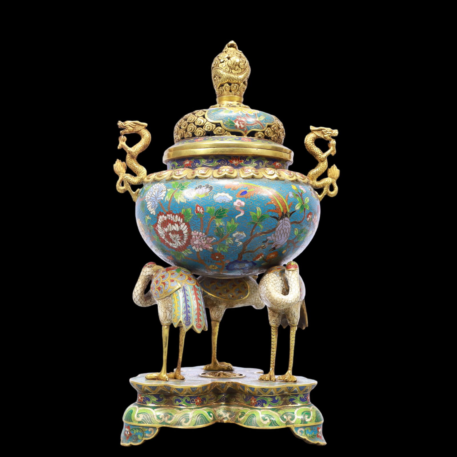 A Exquisite Cloisonne Flower and Bird Pattern Seawater Pattern Double-Ears and Tripod Censer: A Exquisite Cloisonne Flower and Bird Pattern Seawater Pattern Double-Ears and Tripod Censer Qing Dynasty, China Qianlong Four-character Mark Size:23cmx18cmx38cm Weight:6200g (The Dimensions Of All