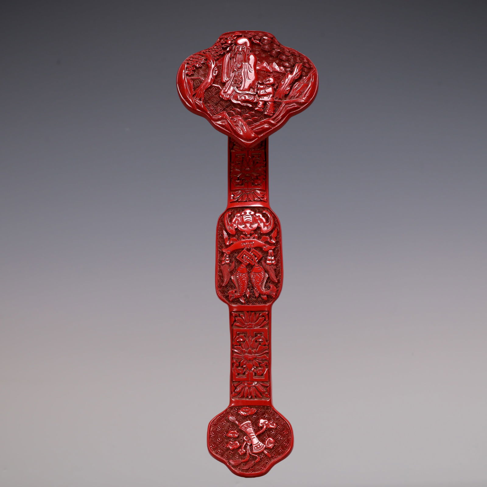 A Exquisite Carved Red Lacquer Character and Story Pattern Bats and Peach Pattern Ruyi: A Exquisite Carved Red Lacquer Character and Story Pattern Bats and Peach Pattern Ruyi Qing Dynasty, China Size:34cmx11cmx6cm Weight:350g (The Dimensions Of All Batches Are Manually Measured.If You