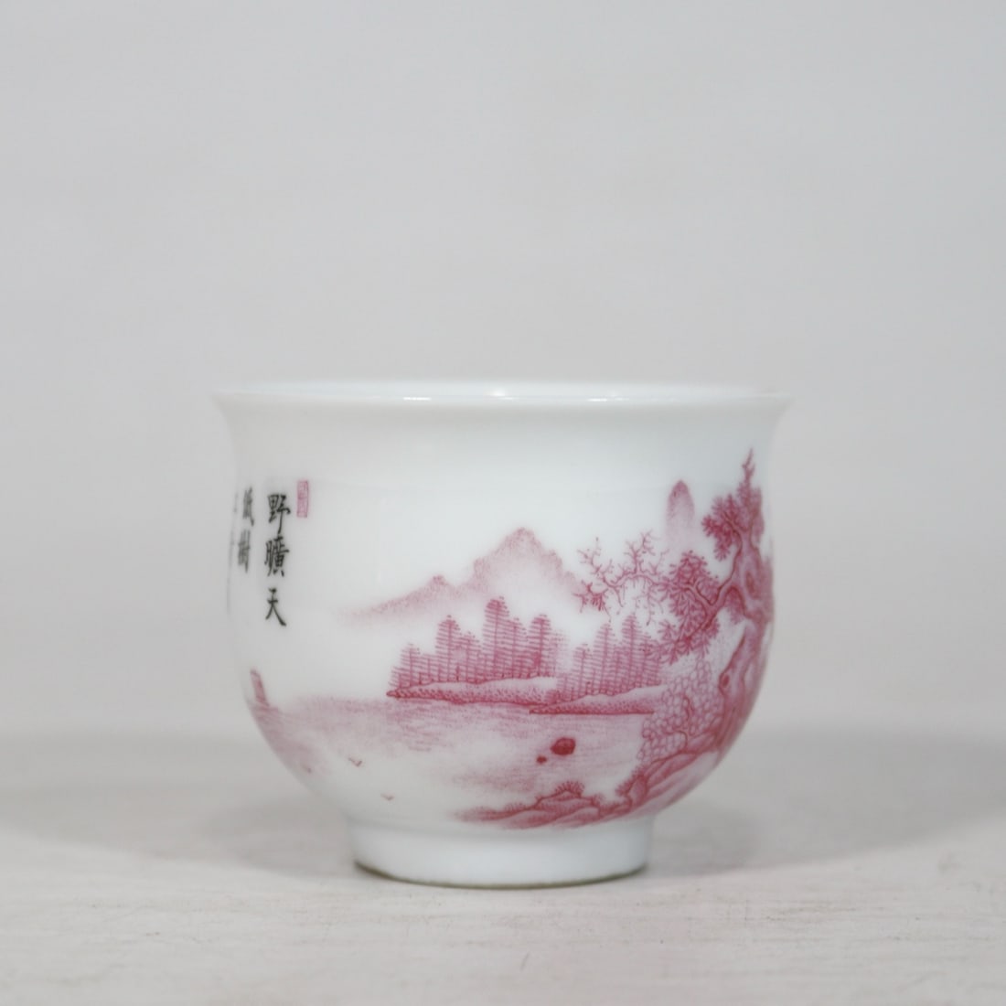 An Exquisite Ruby Red-Glazed Landscape Pattern with poem Cup - 4
