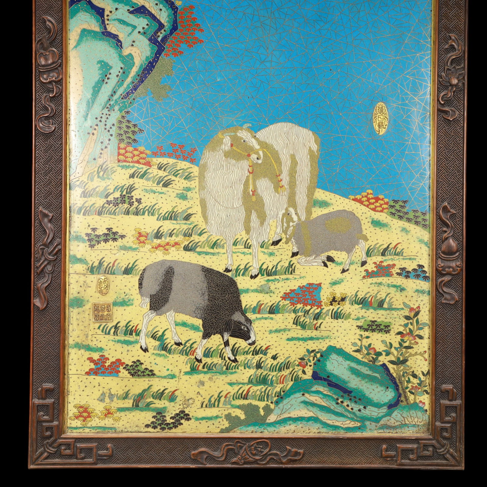 A Exquisite Cloisonne Sheep Pattern with poem Hanging Panel - 5