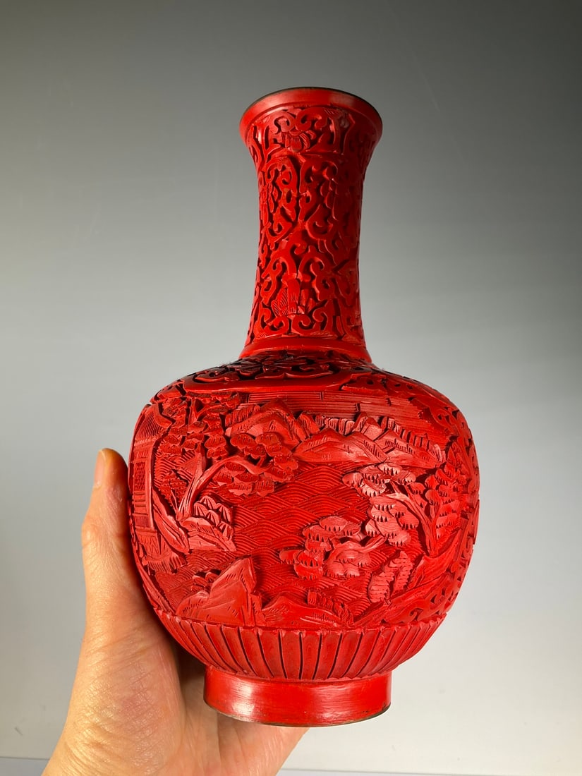 An Exquisite Bronze Carved Red Lacquer Landscape Pattern Vase: An Exquisite Bronze Carved Red Lacquer Landscape Pattern Vase Modern Time of China Size:20cm (The Dimensions Of All Batches Are Manually Measured.If You Need More Detailed Information, Please