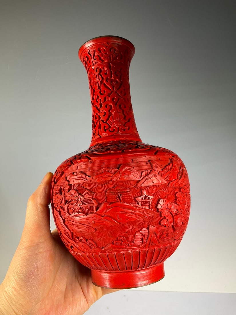 An Exquisite Bronze Carved Red Lacquer Landscape Pattern Vase - 4