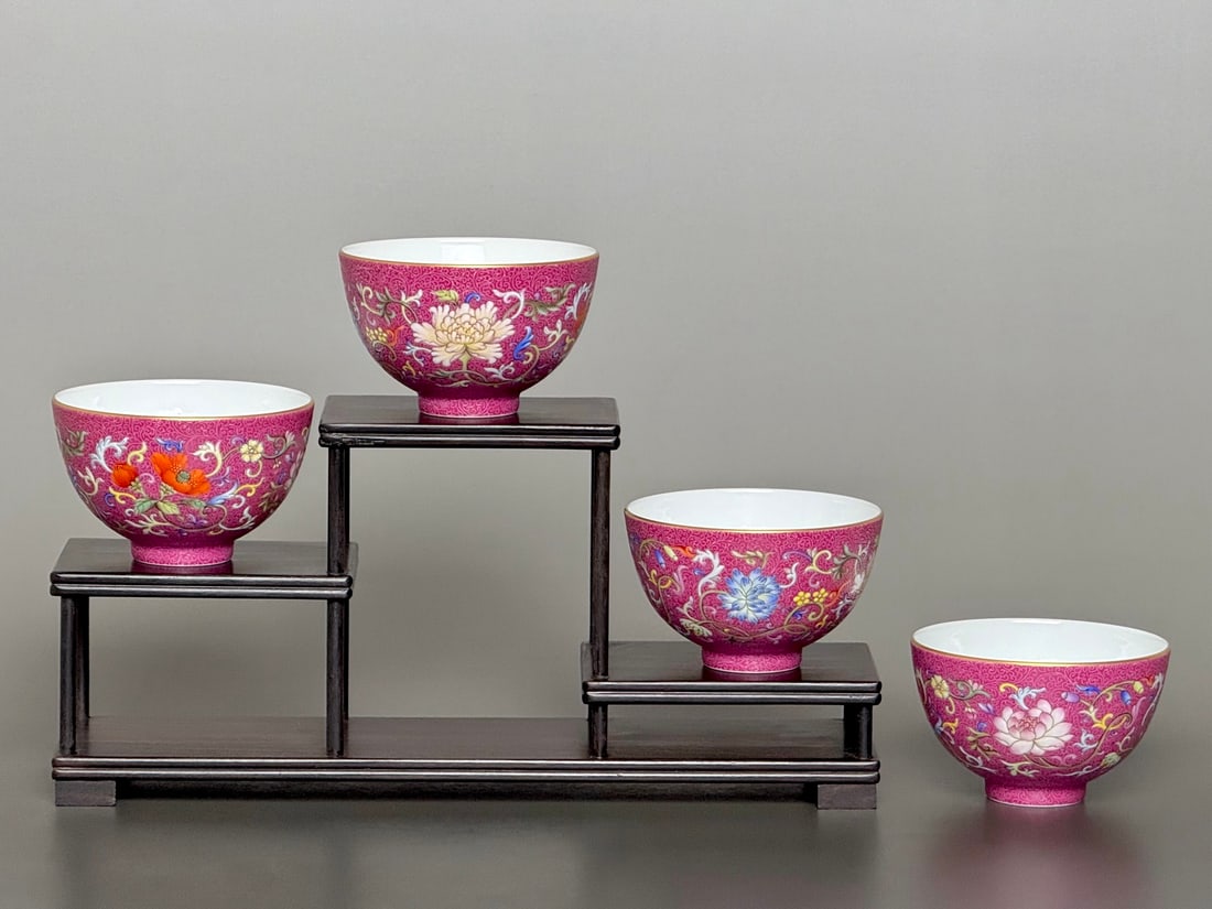 A Set of Fine Ruby Red-Glazed Painted Gold Lotus Pattern Flower Pattern Cup - 3