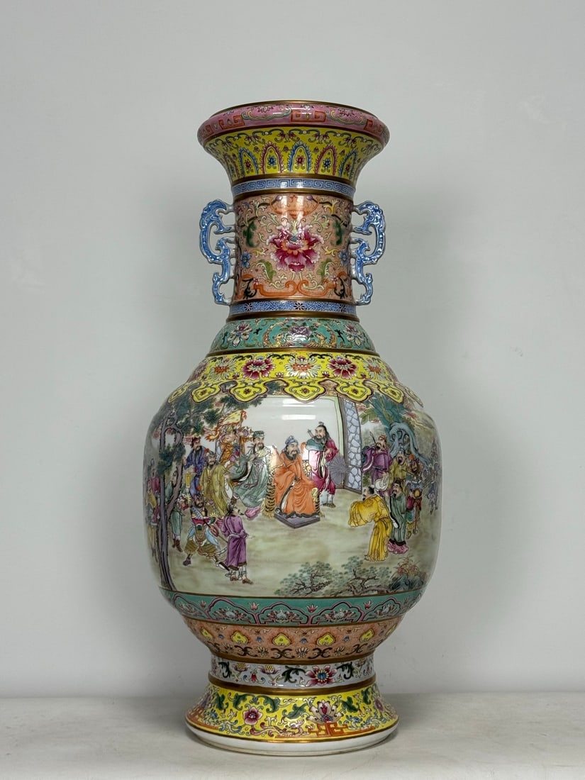 An Exquisite Famille-Rose Lotus Pattern Character and Story Pattern Double-Ears Vase: An Exquisite Famille-Rose Lotus Pattern Character and Story Pattern Double-Ears Vase Qing Dynasty, China Qianlong Four-character Mark Size:62.8cmx32cm (The Dimensions Of All Batches Are Manually