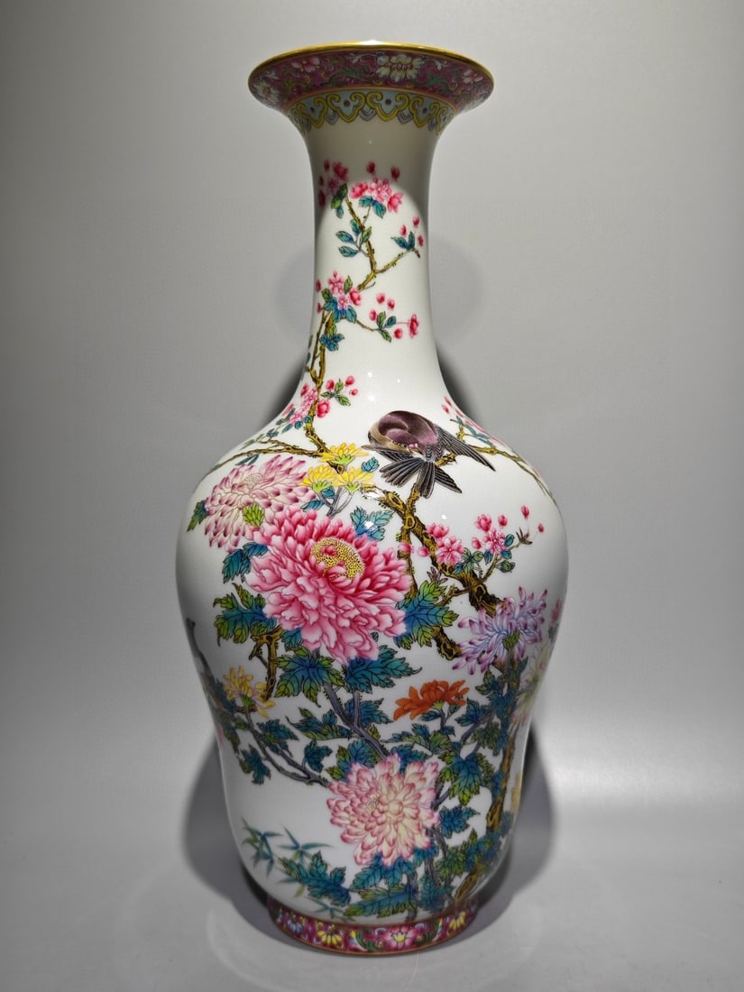 An Exquisite Enamel Lotus Pattern Flower and Bird Pattern with poem Vase: An Exquisite Enamel Lotus Pattern Flower and Bird Pattern with poem Vase Qing Dynasty, China Yongzheng Six-character Mark Size:32.5cmx16cm (The Dimensions Of All Batches Are Manually Measured.If