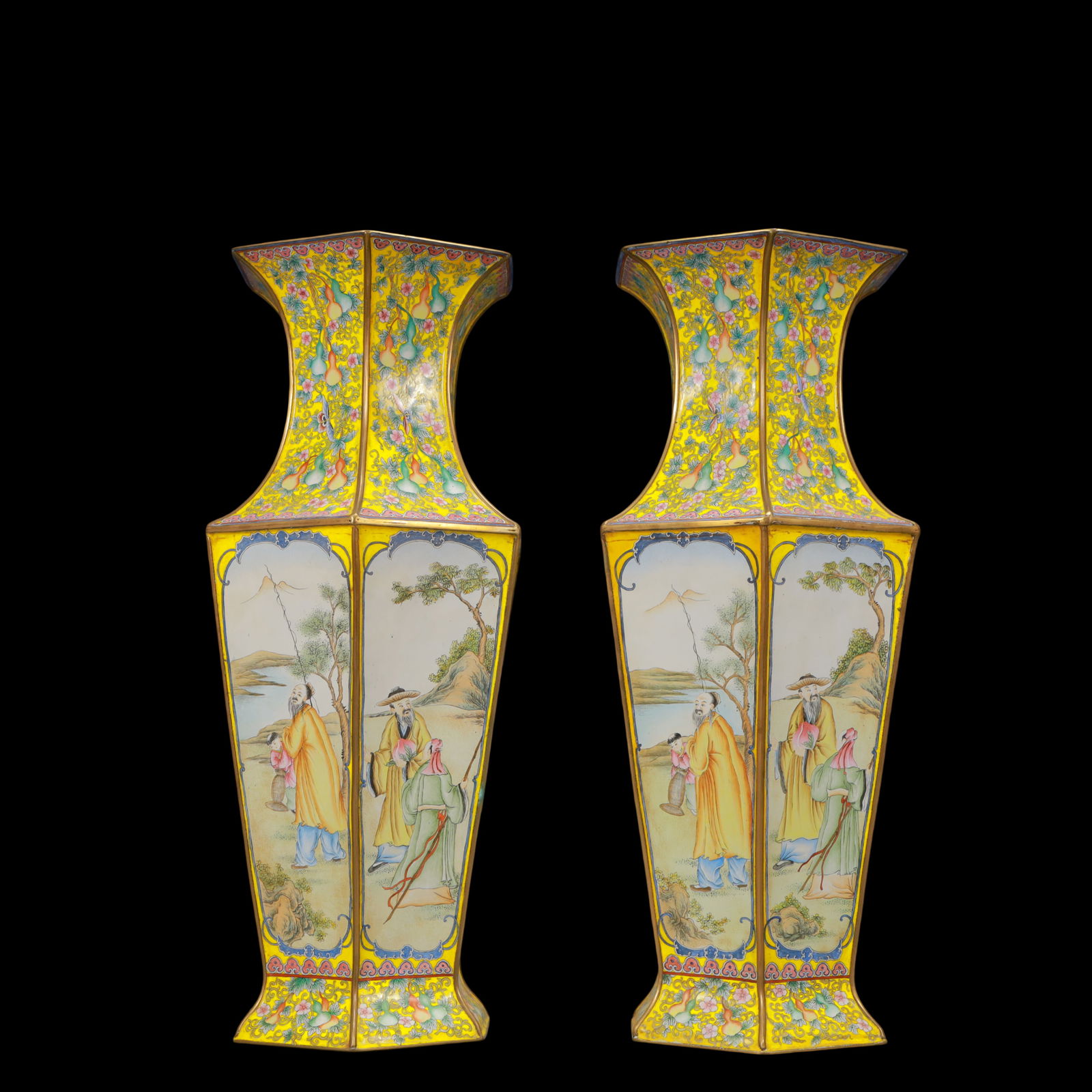 A Exquisite A pair of Coppery Enamel Flower and Fruit Pattern Character and Story Pattern Vase: A Exquisite A pair of Coppery Enamel Flower and Fruit Pattern Character and Story Pattern Vase Qing Dynasty, China Qianlong Four-character Mark Size:17cmx41.5cm Weight:4800g (The Dimensions Of All