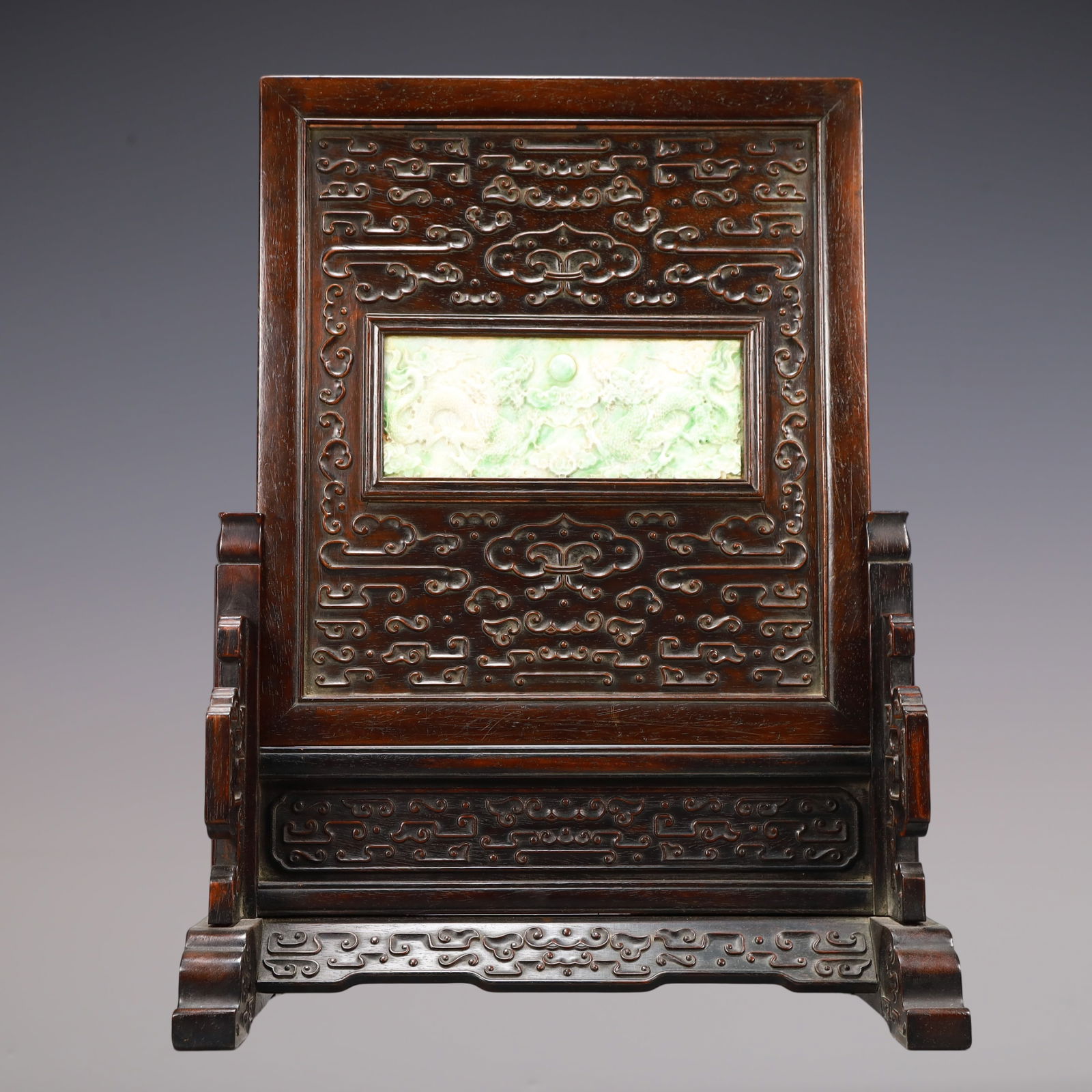 A Exquisite Zitanwood Inlaid Jadeite with poem Screen: A Exquisite Zitanwood Inlaid Jadeite with poem Screen Qing Dynasty, China Size:35cmx18cmx46.5cm Weight:2650g (The Dimensions Of All Batches Are Manually Measured.If You Need More Detailed